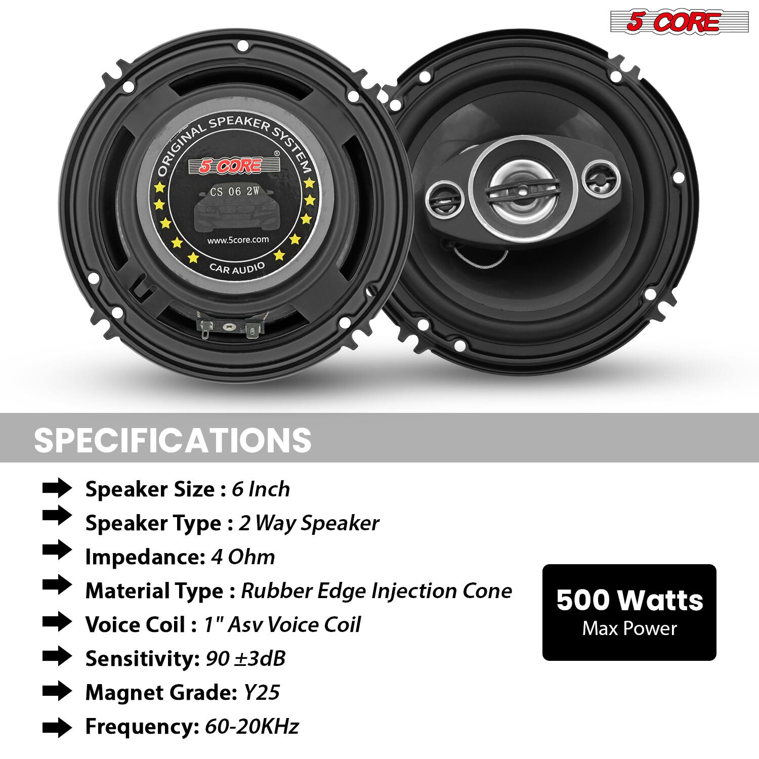 5 CORE SPEAKER ORIGINAL 5 CORE SYSTEM CS 06 2W  
www.5core.com  

CAR AUDIO SPECIFICATIONS  

Speaker Size: 6 Inch  
Speaker Type: 2 Way Speaker  
Impedance: 4 Ohm  
Material Type: Rubber Edge Injection Cone  
Voice Coil: 1" Asv Voice Coil  
Sensitivity: 90 ±3dB  
Magnet Grade: Y25  
Frequency: 60-20KHz  
500 Watts Max Power