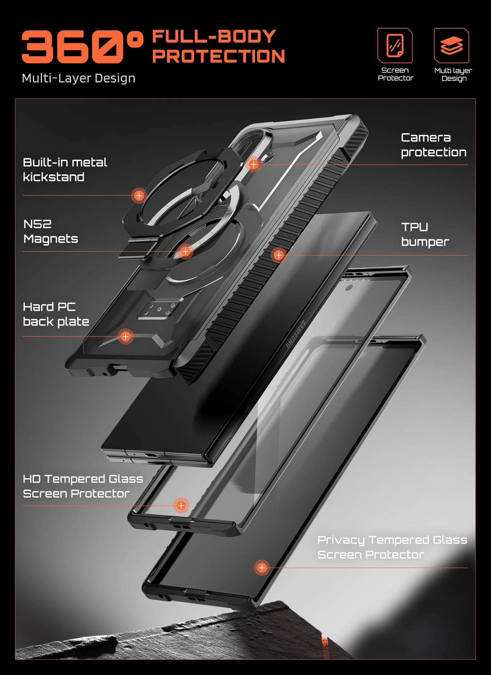 360° FULL-BODY PROTECTION

Multi-Layer Design

- Built-in metal kickstand
- N52 Magnets
- Hard PC back plate
- HD Tempered Glass Screen Protector
- Privacy Tempered Glass Screen Protector

Camera protection

TPU bumper