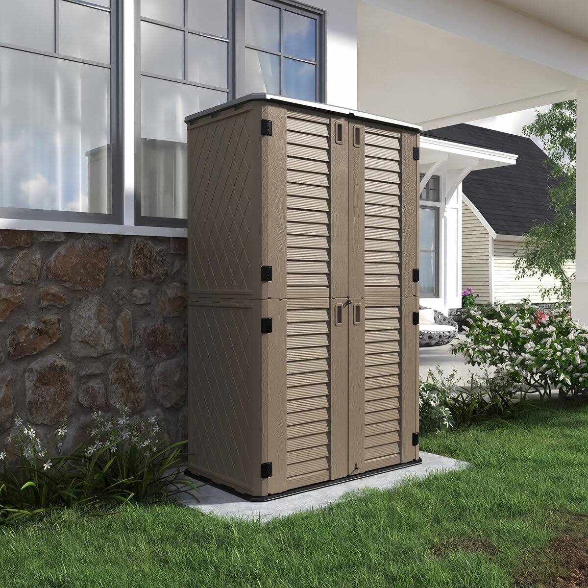 Angle. Yardgrace - 66 Cu.ft Waterproof Resin Vertical Storage Shed with 4 shelves, Outdoor Storage Box for Garden, Backyard, Home & Poo - Brown.