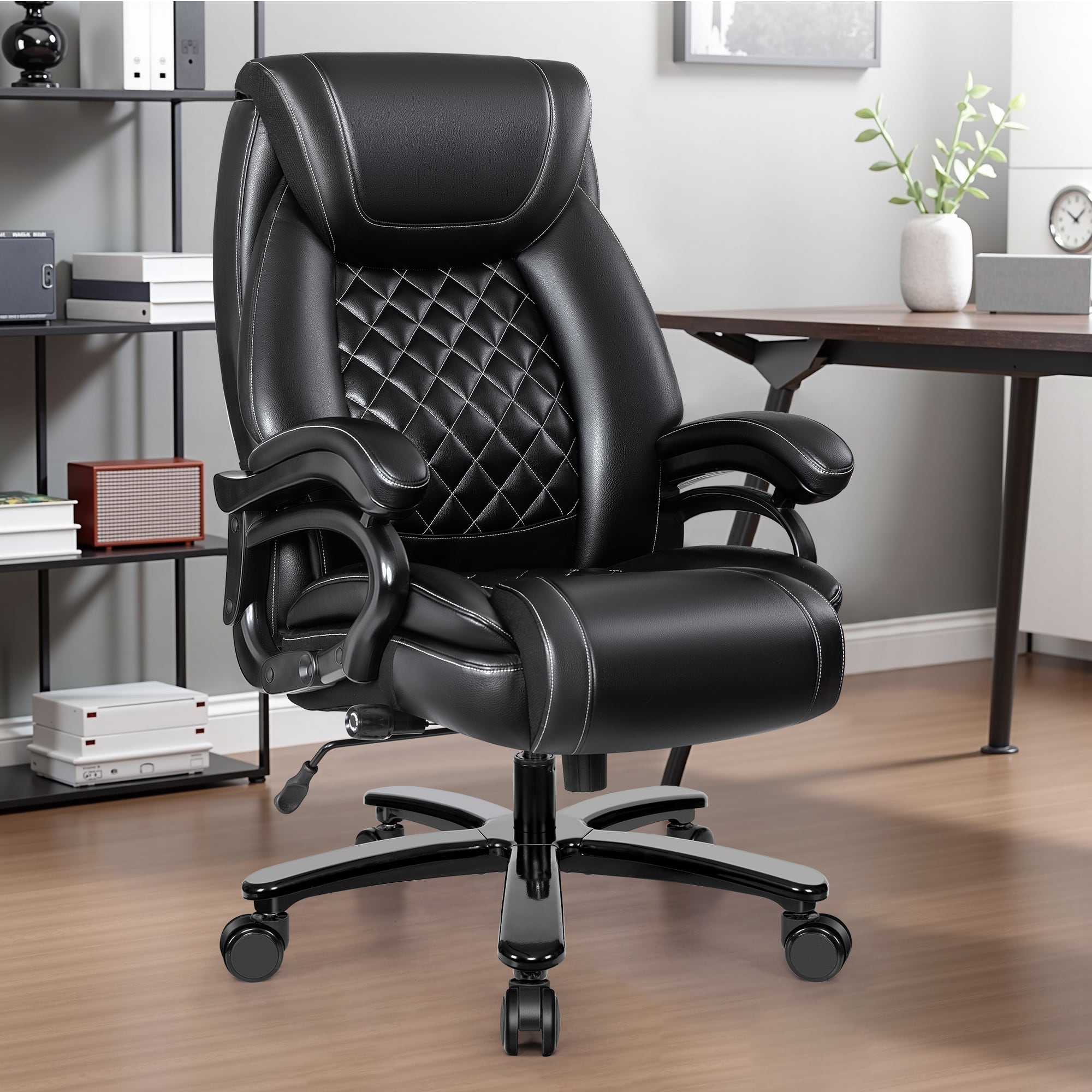 Brick Attic - Heavy Duty Leather Executive Office Chair with Adjustable Ergonomic Lumbar Support & Thick Padded Wide Cushion Seat - Black