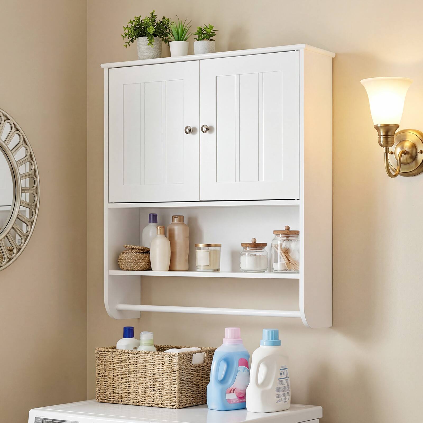 Alt View 4. Gymax - Gymax Bathroom Wall Cabinet Wall Mounted Medicine Cabinet w/ Towel Bar & Shelf - White.