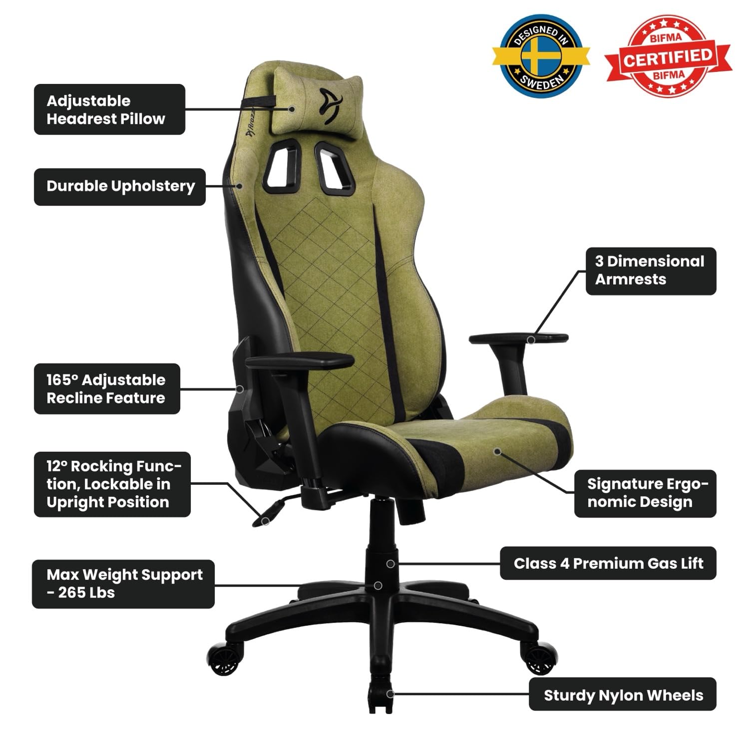 Adjustable Headrest Pillow, Durable Upholstery, 3 Dimensional Armrests, 165° Adjustable Recline Feature, 12° Rocking Function, Lockable in Upright Position, Signature Ergonomic Design, Max Weight Support - 265 Lbs, Class 4 Premium Gas Lift, Sturdy Nylon Wheels