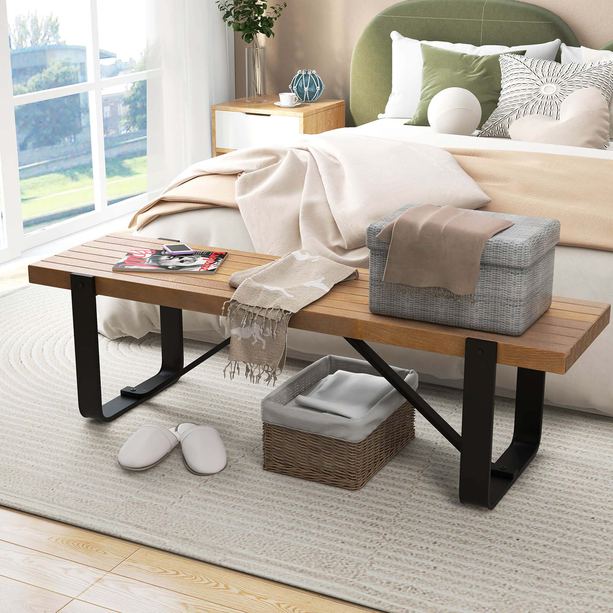 Alt View 13. Costway - 60" Long Hallway Bench Entryway Bench with Metal Frame Farmhouse Wooden Shoe Rack - Natural.