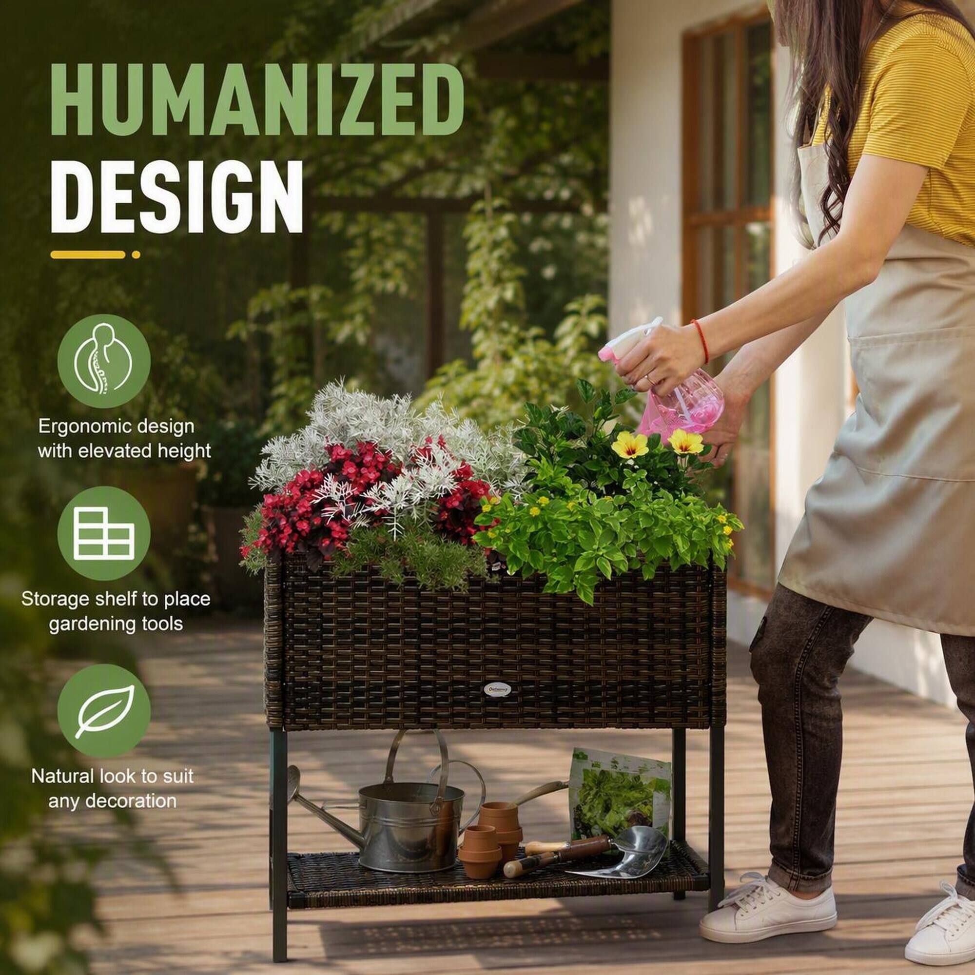 HUMANIZED DESIGN

- Ergonomic design with elevated height
- Storage shelf to place gardening tools
- Natural look to suit any decoration