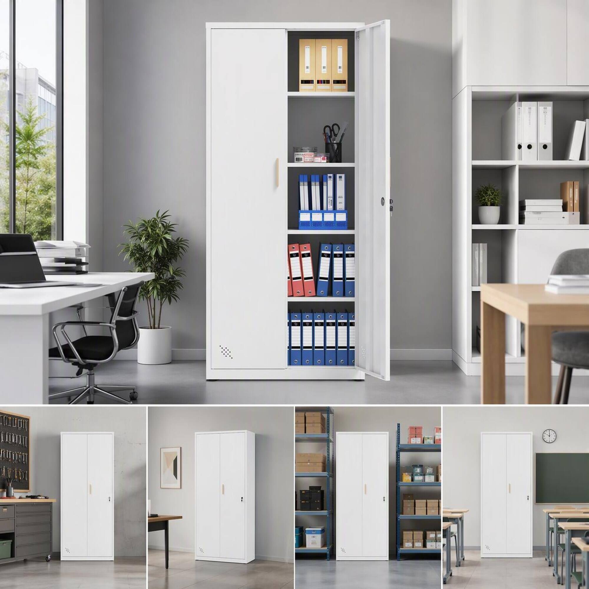Alt View 3. RYHNUYNE - 72 in High Steel Storage Cabinet with 2 Doors and 4 Adjustable Shelves, Lockable Metal Cabinet with 5 Storage Spaces - White.