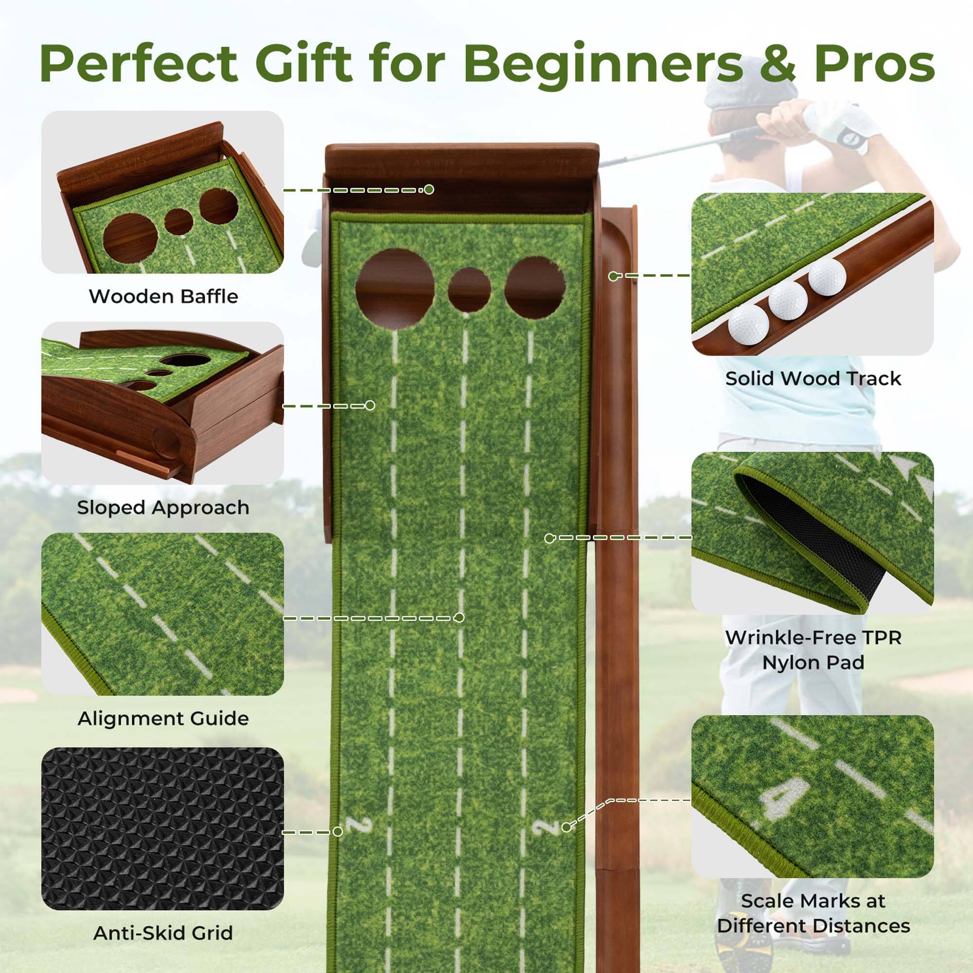 Perfect Gift for Beginners & Pros

- Wooden Baffle
- Sloped Approach
- Alignment Guide
- Anti-Skid Grid
- Solid Wood Track
- Wrinkle-Free TPR Nylon Pad
- Scale Marks at Different Distances