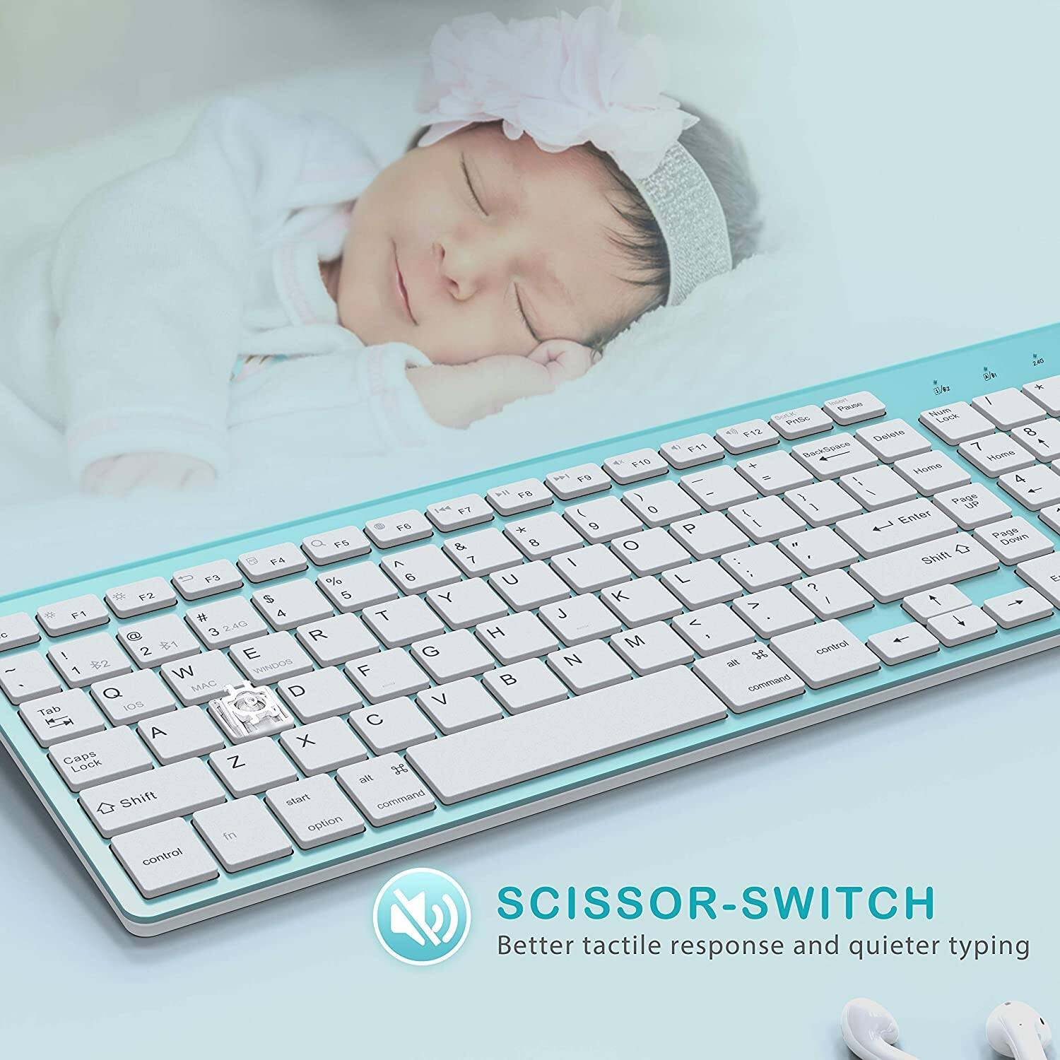 Sure, here is the corrected and grouped text from the image:

---

**SCISSOR-SWITCH**  
Better tactile response and quieter typing

---

**Keyboard Layout:**

- Top Row: `1 ! 2 @ 3 # 4 $ 5 % 6 ^ 7 & 8 * 9 ( 0 ) - _ = +`
- Second Row: `Q W E R T Y U I O P [ ] \`
- Third Row: `A S D F G H J K L ; ' Enter`
- Fourth Row: `Z X C V B N M , . /`
- Bottom Row: `Shift Tab Caps Lock Shift Command Option Command Control`

- Function Keys: `F1 F2 F3 F4 F5 F6 F7 F8 F9 F10 F11 F12`
- Special Keys: `Esc Delete Home End Page Up Page Down Insert Delete`
- Modifier Keys: `Shift Command Option Control`

---

**Additional Text:**

- `2.4G`
- `SCISSOR-SWITCH Better tactile response and quieter typing`

---