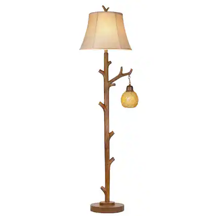 Front. partphoner - 62" Rustic Farmhouse Tree Trunk Floor Lamp with woven night light.