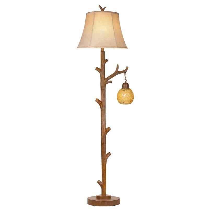 Front. partphoner - 62" Rustic Farmhouse Tree Trunk Floor Lamp with woven night light.