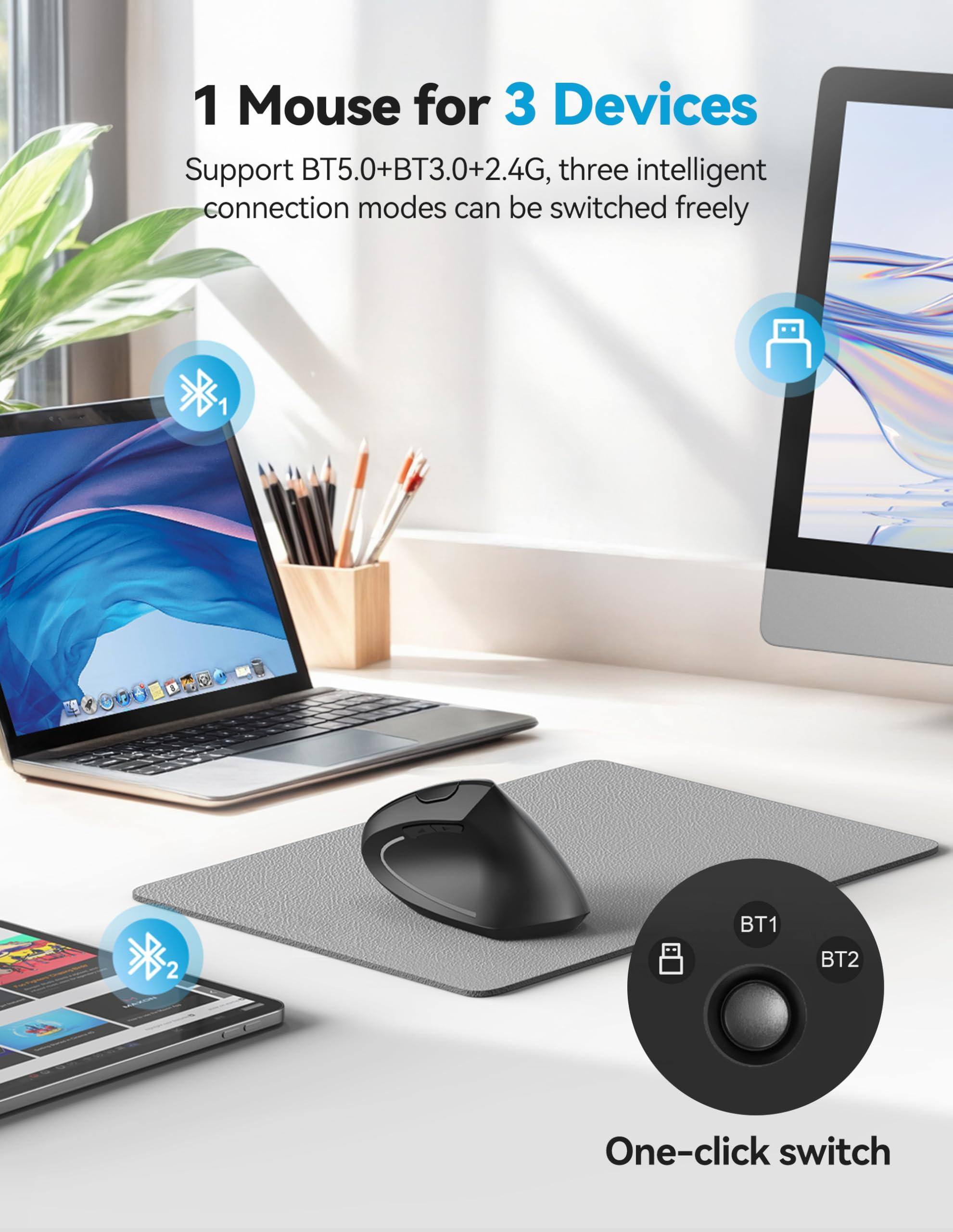1 Mouse for 3 Devices  
Support BT5.0+BT3.0+2.4G, three intelligent connection modes can be switched freely  
One-click switch