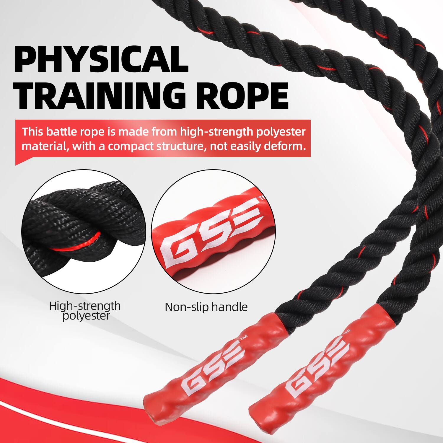 PHYSICAL TRAINING ROPE
This battle rope is made from high-strength polyester material, with a compact structure, not easily deform.

High-strength polyester
Non-slip handle
