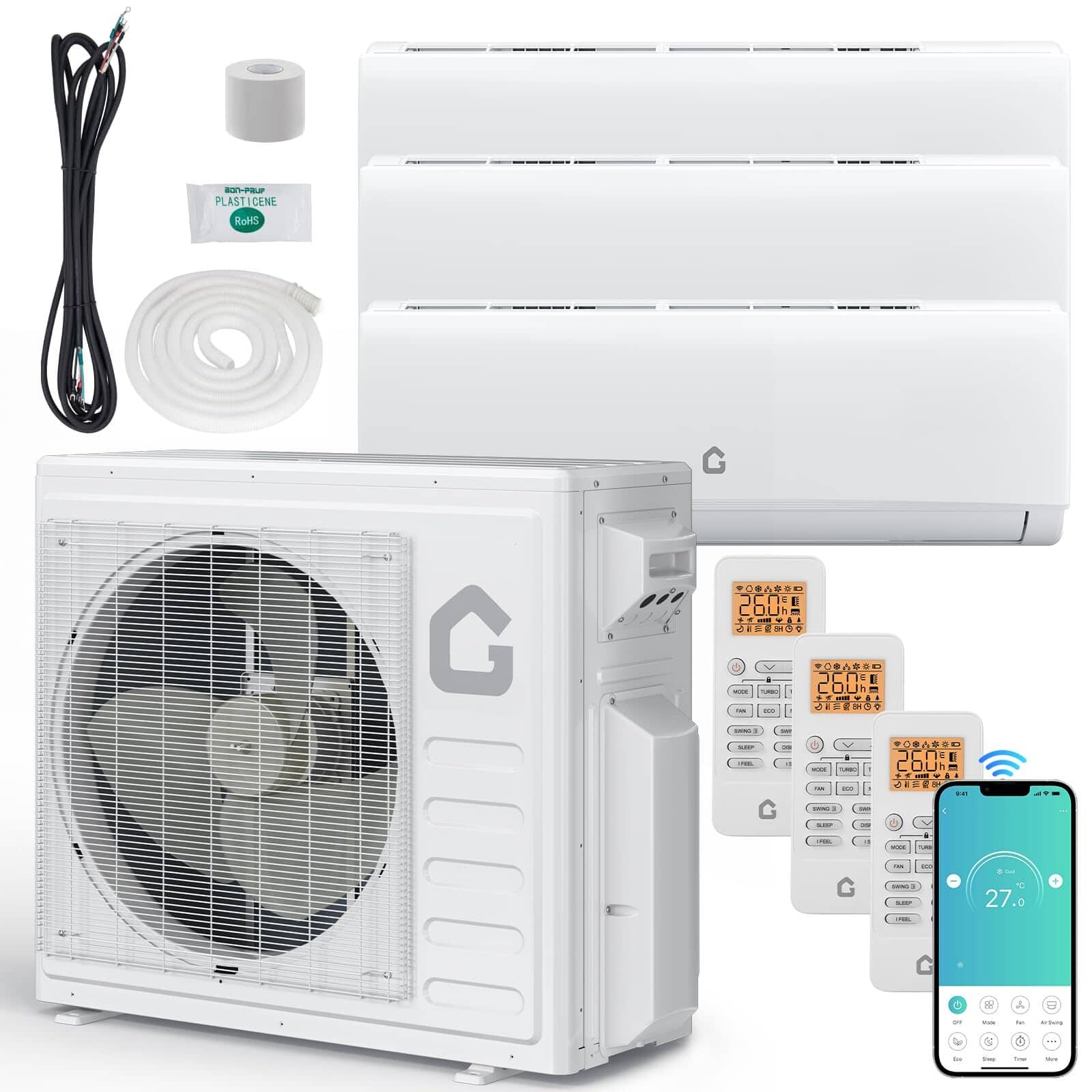 Jojoka - 3 Zone 28000 BTU (9K+12K+12K) Mini Split Air Conditioner & Heating System, 20 SEER2 Ductless AC w/ Pre-Charged Condenser - White
