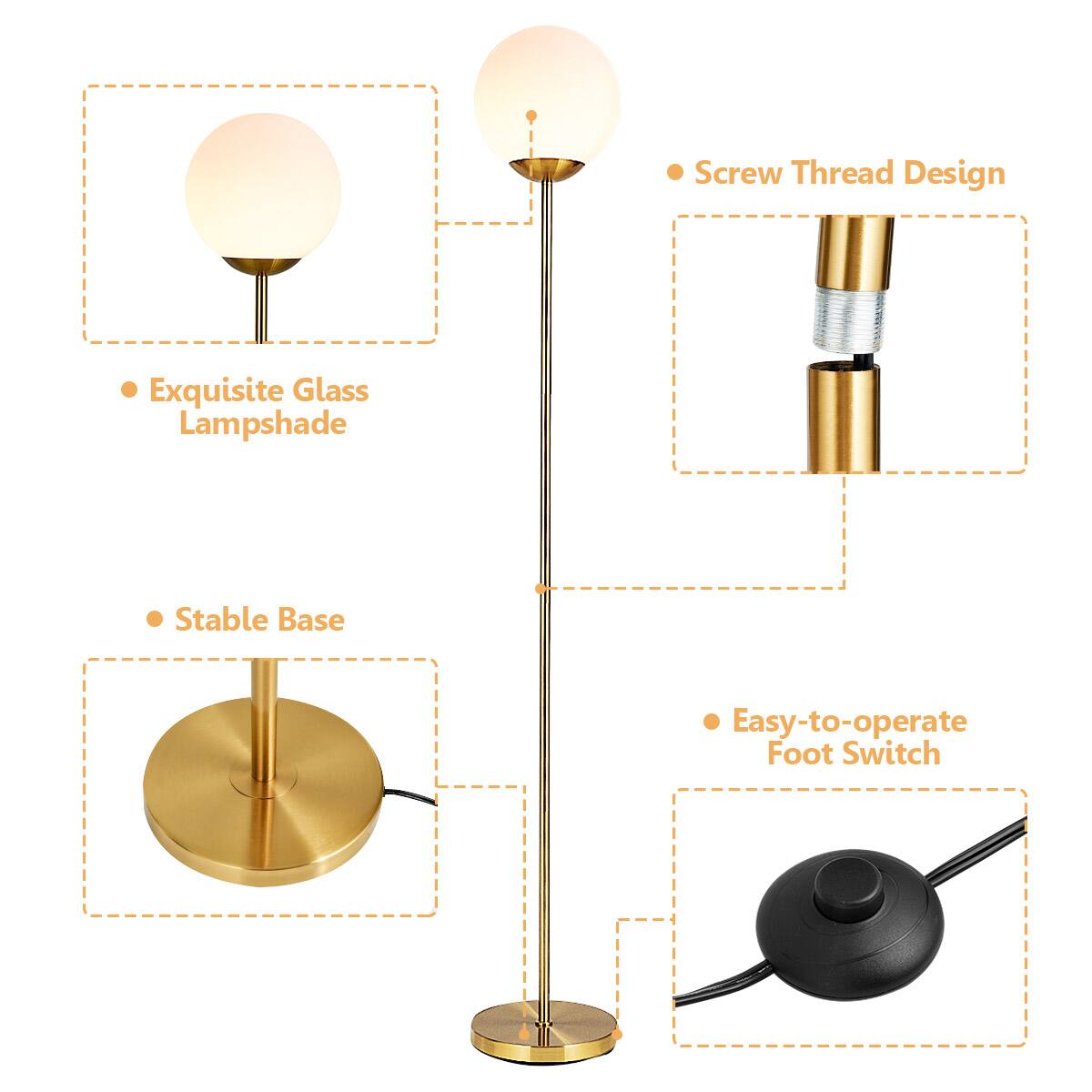 - Exquisite Glass Lampshade
- Screw Thread Design
- Stable Base
- Easy-to-operate Foot Switch