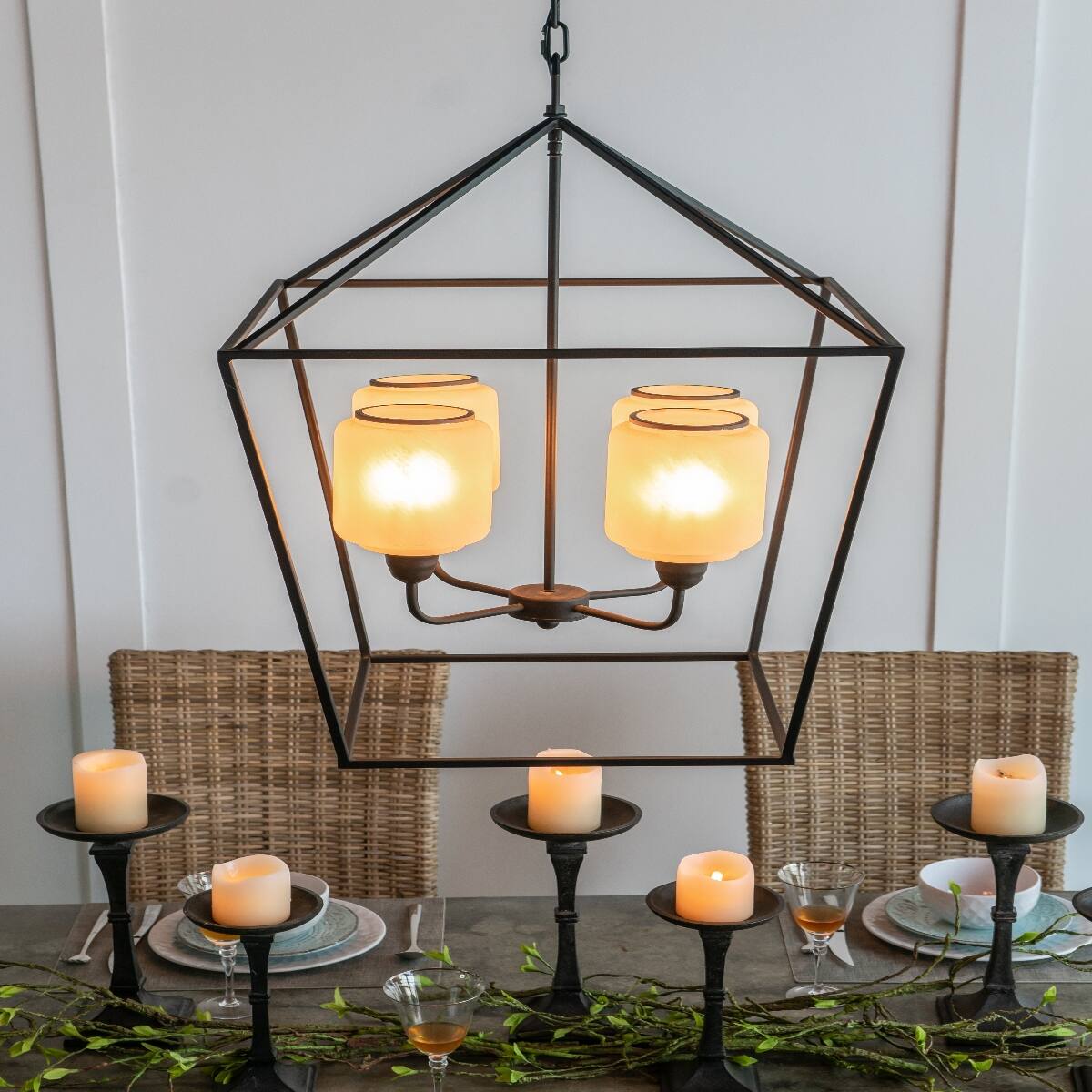Alt View 3. Loheer - Loheer Black Iron Chandelier with Opaque Glass, Industrial Hanging Light Fixture for Dining Room and Entryway.