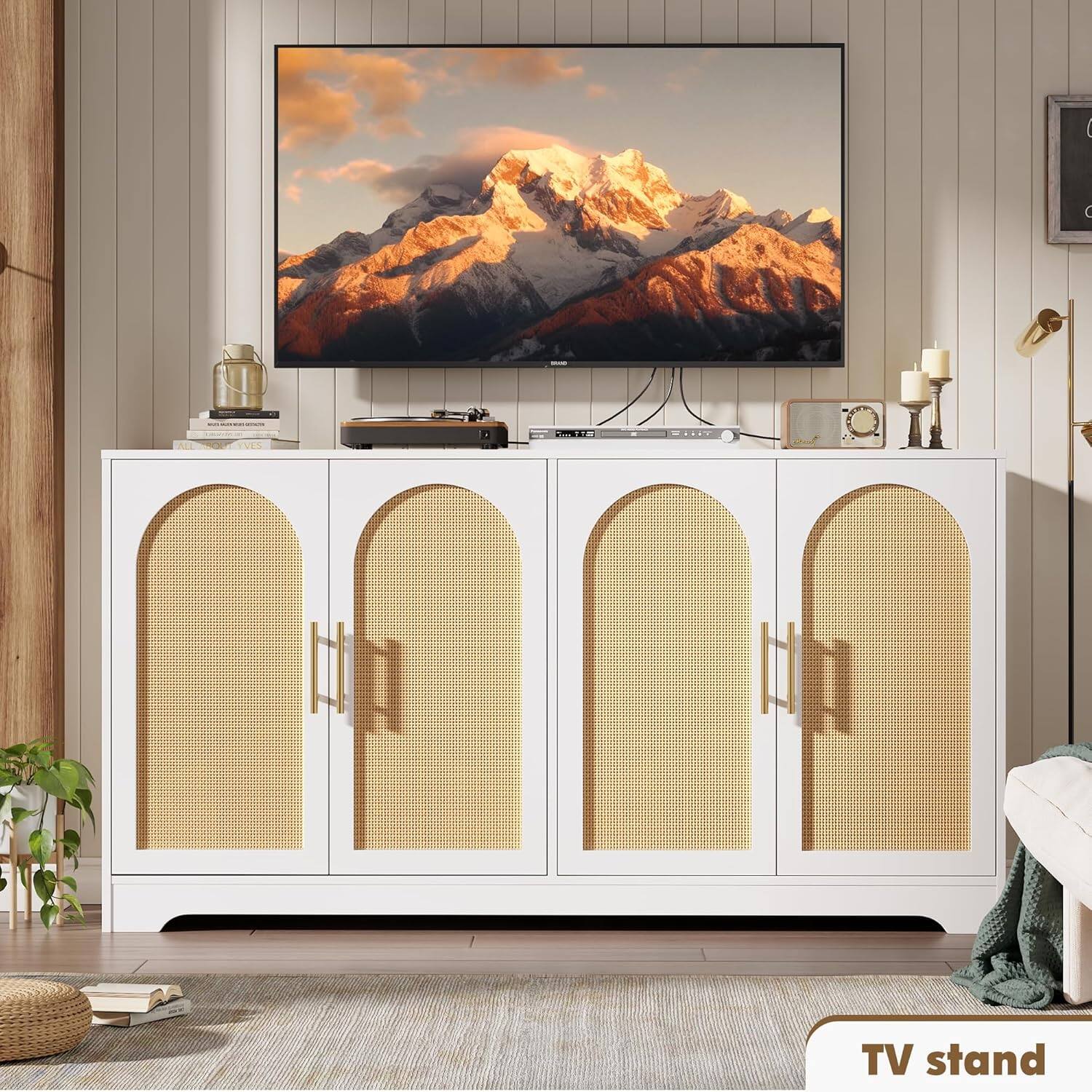 Alt View 2. Homhougo - 59”Sideboard Buffet Cabinet - Large Credenza Storage with 4 Rattan Doors,Modern Console Table Accent Coffee Bar Cabinet - White.