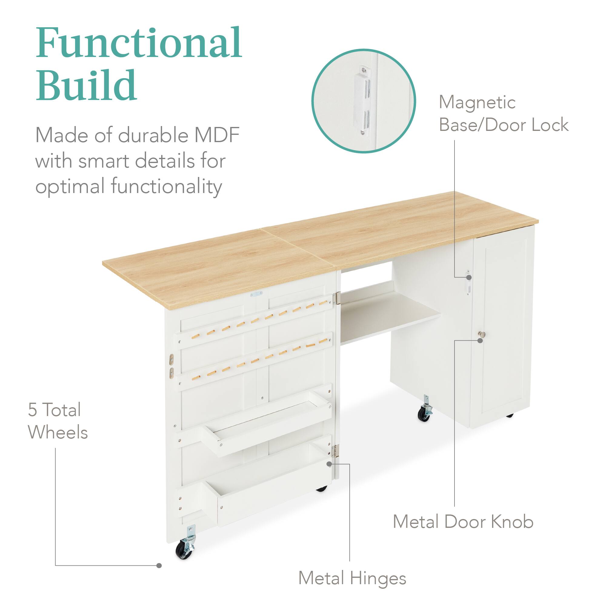 Functional Build

Made of durable MDF with smart details for optimal functionality

- Magnetic Base/Door Lock
- 5 Total Wheels
- Metal Door Knob
- Metal Hinges