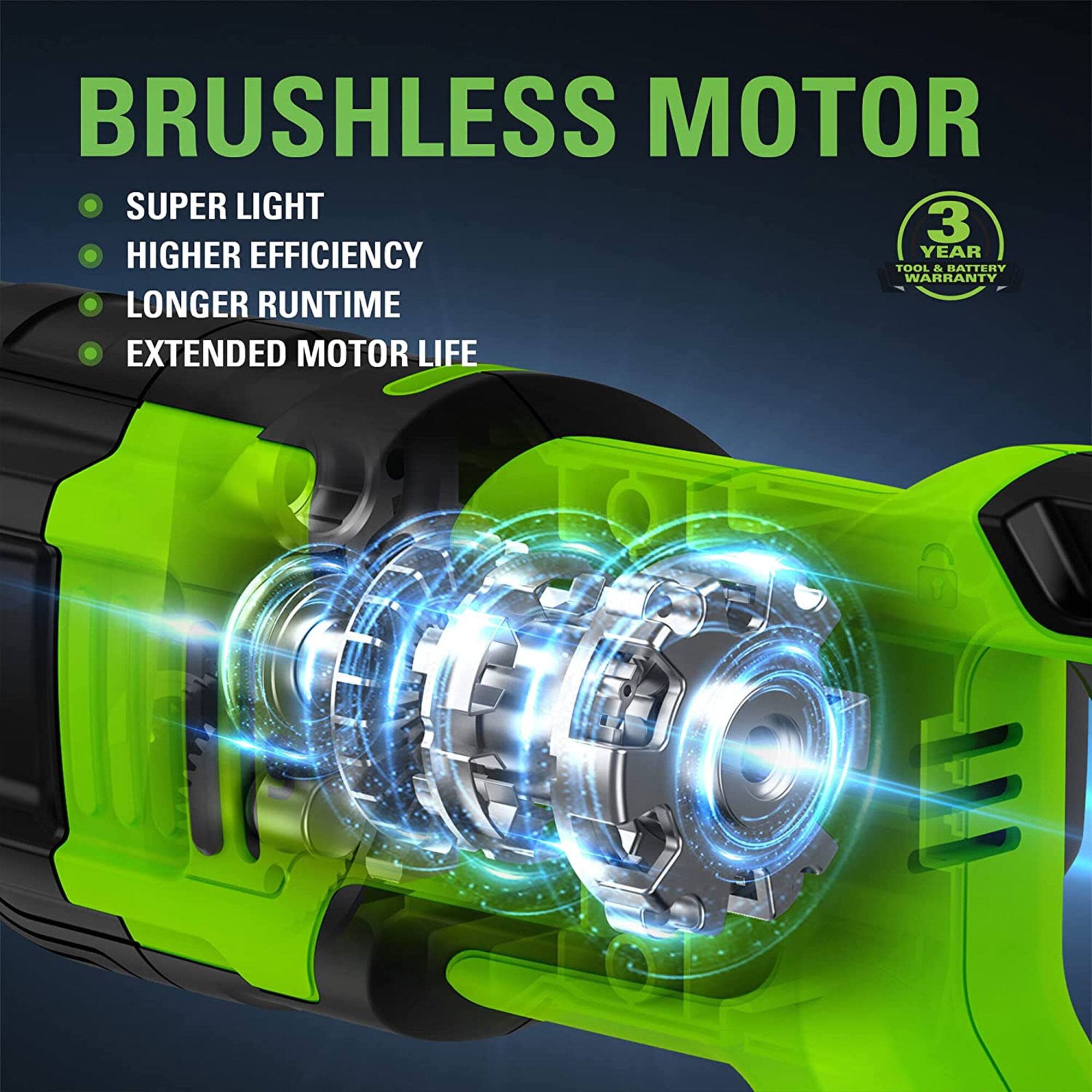 BRUSHLESS MOTOR

- SUPER LIGHT
- HIGHER EFFICIENCY
- LONGER RUNTIME
- EXTENDED MOTOR LIFE

3 YEAR TOOL & BATTERY WARRANTY