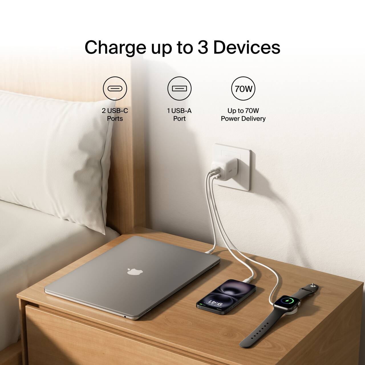 Charge up to 3 Devices  
2 USB-C Ports  
1 USB-A Port  
Up to 70W Power Delivery