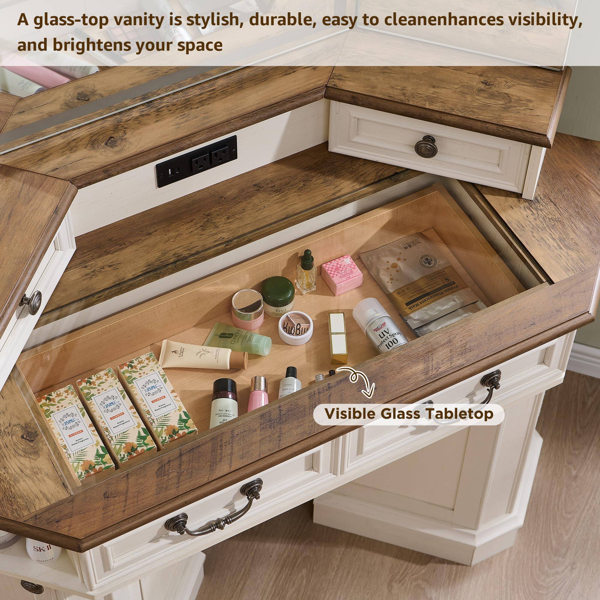 A glass-top vanity is stylish, durable, easy to clean, enhances visibility, and brightens your space.

Visible Glass Tabletop