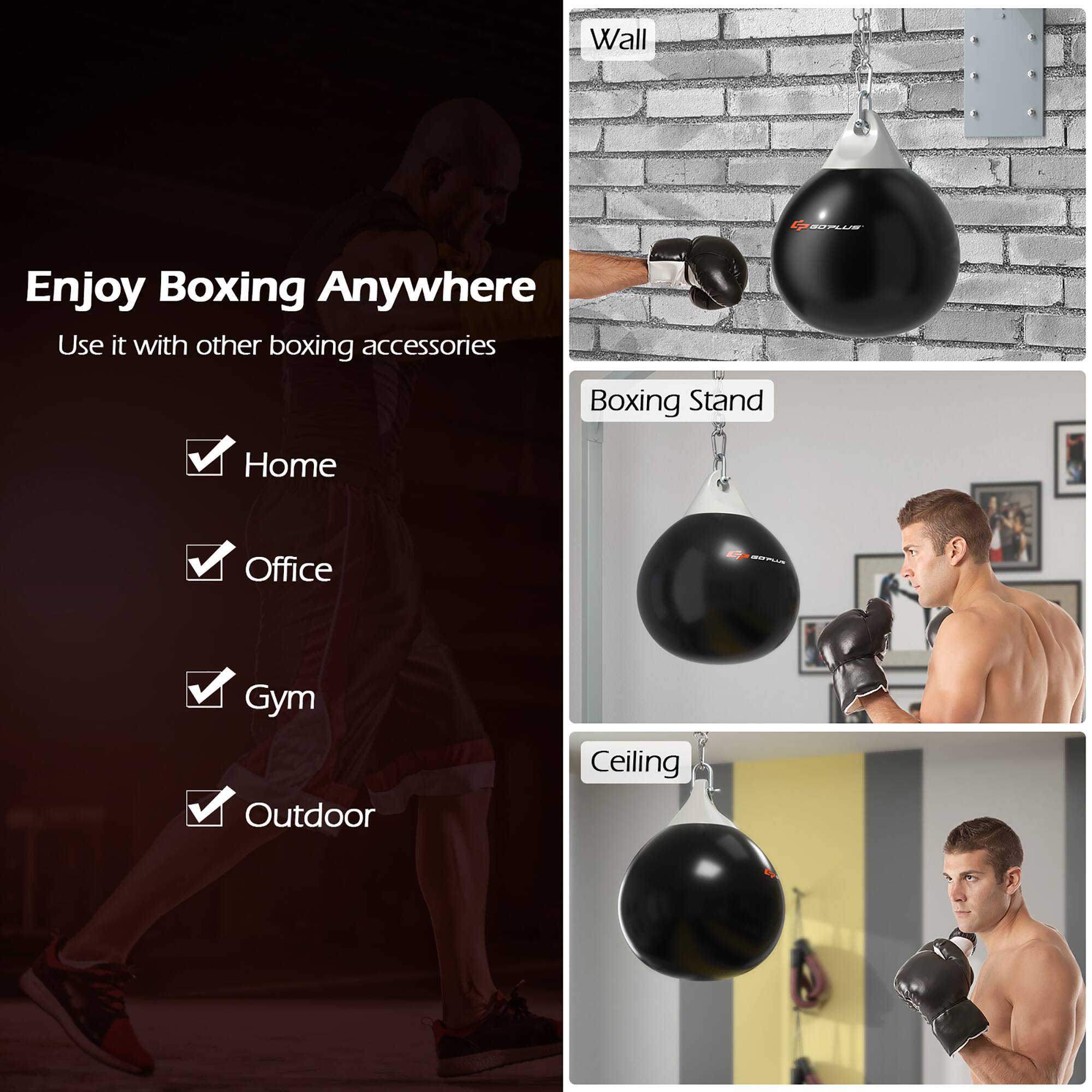 Enjoy Boxing Anywhere  
Use it with other boxing accessories  

- Home  
- Office  
- Gym  
- Outdoor  

Wall  
Boxing Stand  
Ceiling