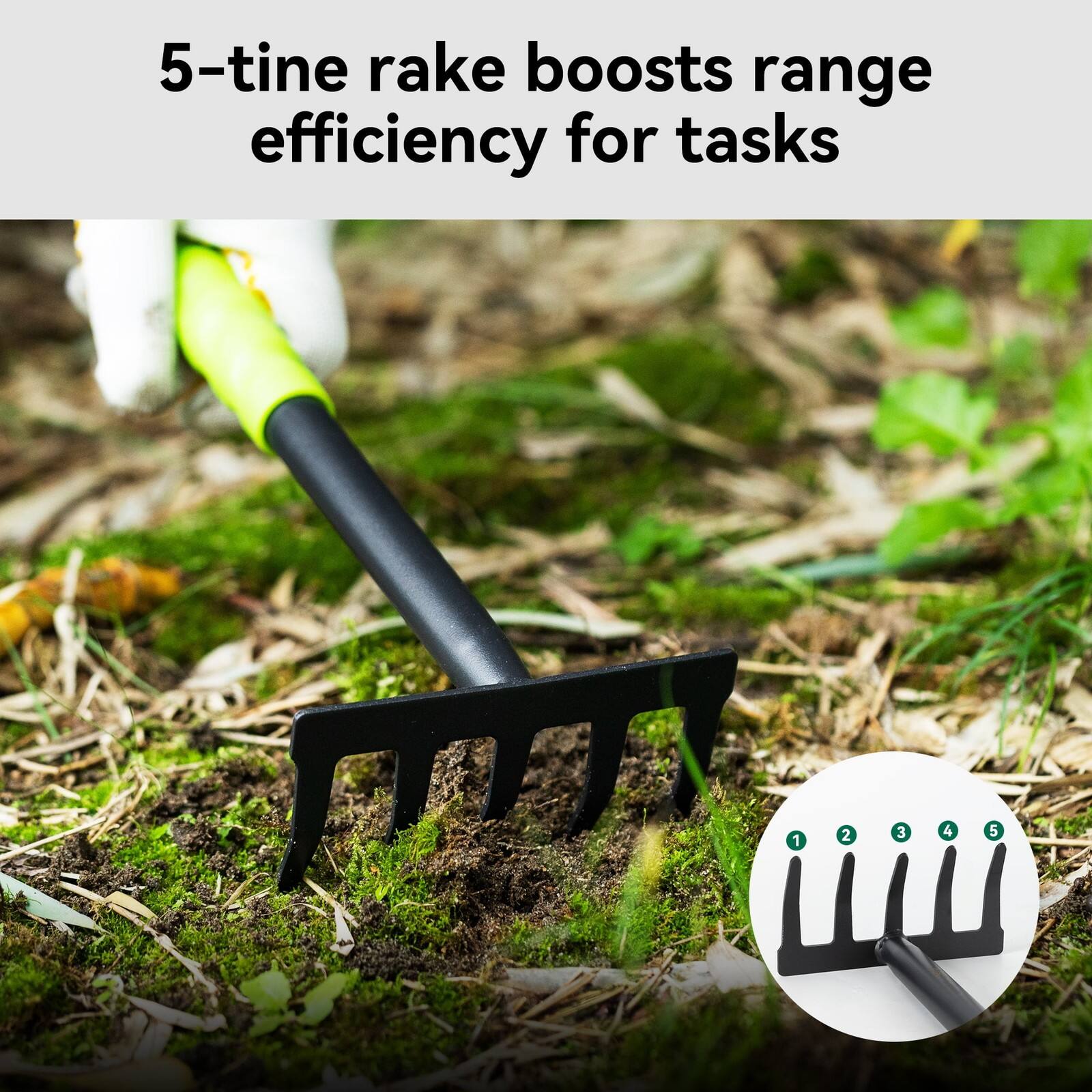 5-tine rake boosts range efficiency for tasks