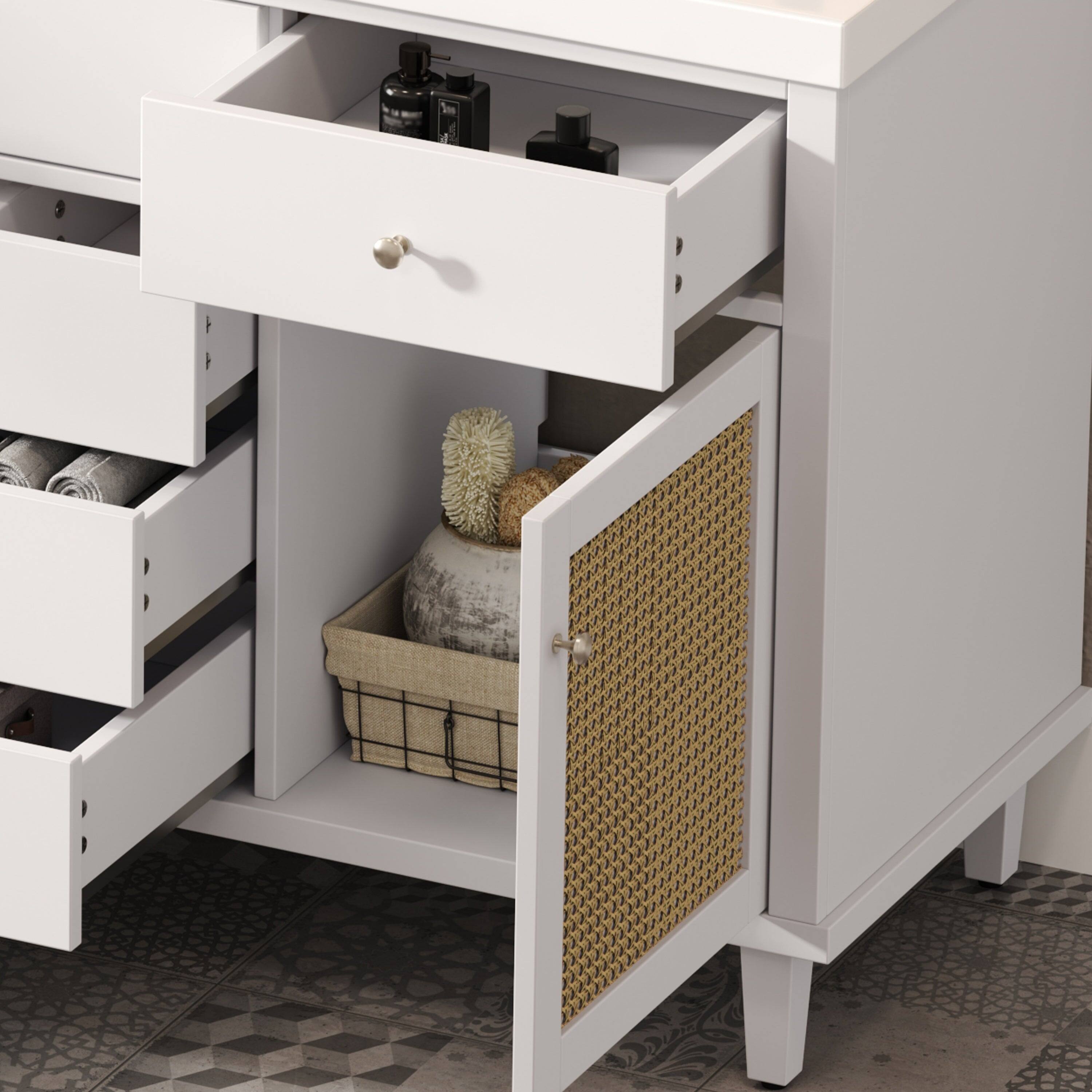 Alt View 7. Boyel Living - 60 Inch Bathroom Vanity with SMC Sink Large Storage Cabinet Soft Close Drawers Rattan Doors Silver Knobs White - White.