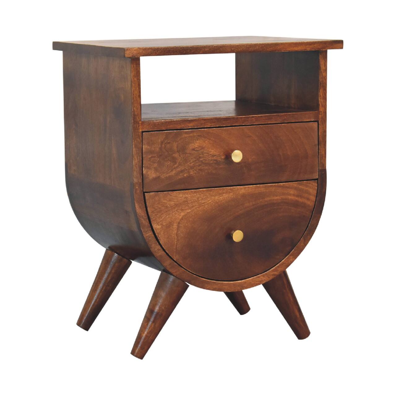 Left. Artisan Furniture - Artisan Furniture Solid Wood Split Chestnut Nightstand, 2 Drawers, 1 Open Slot, Nordic Legs, Dark Brown - Chestnut.
