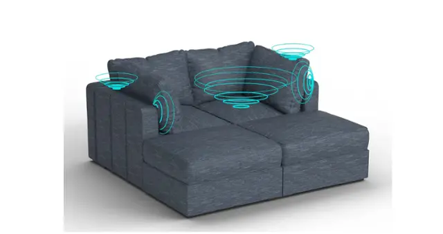 Front. Lovesac - 4 Seats + 4 Sides Vintage Blue Rained Chenille & Lovesoft with 8 Speaker Immersive Sound + Charge System - Vintage Blue.