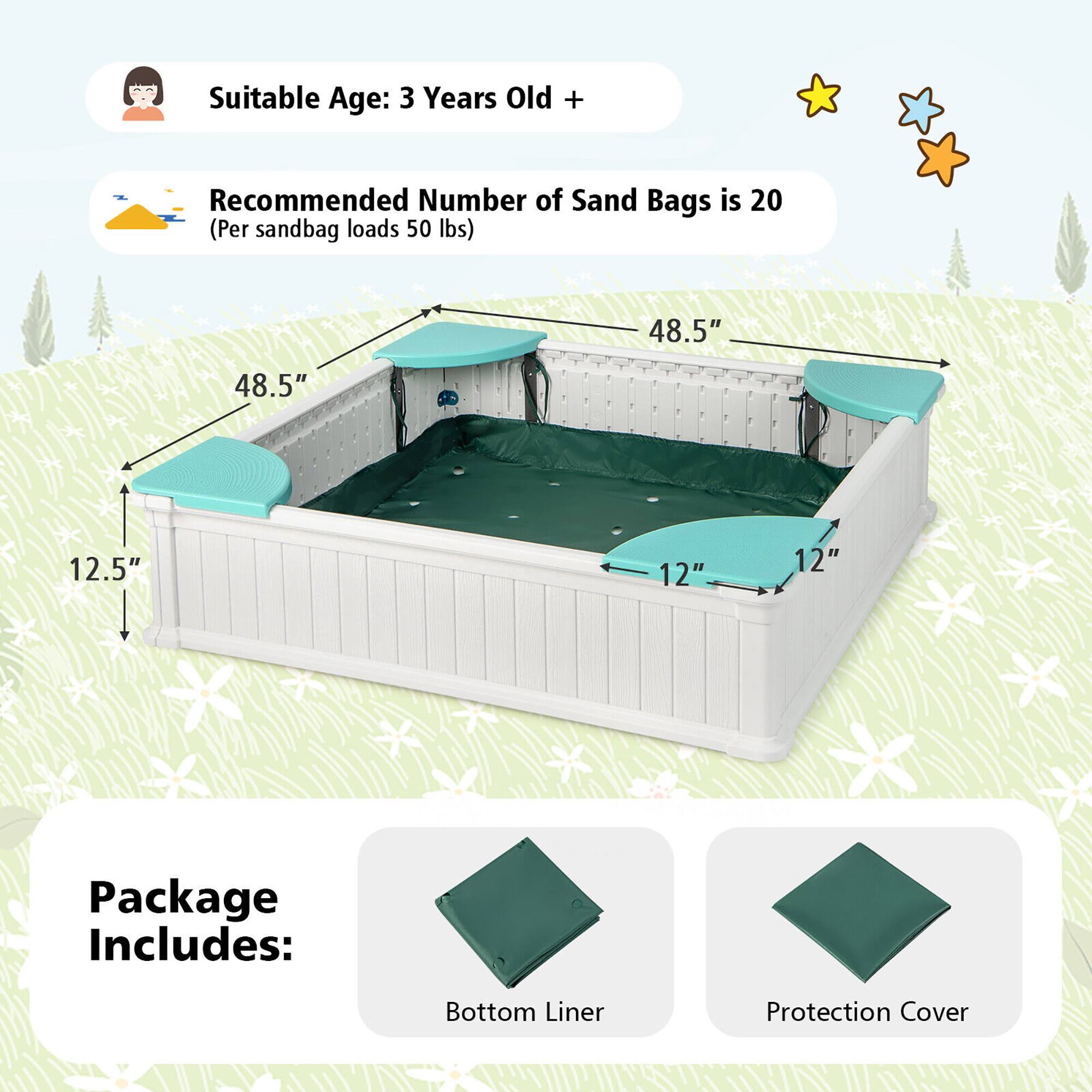 Suitable Age: 3 Years Old +  
Recommended Number of Sand Bags is 20 (Per sandbag loads 50 lbs)  
48.5" x 48.5" x 12.5" x 12" x 12"  

Package Includes:  
- Bottom Liner  
- Protection Cover