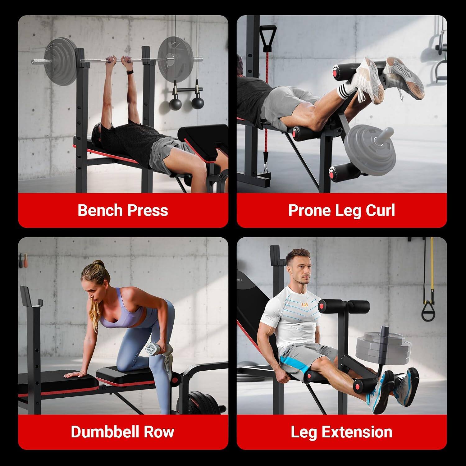 Bench Press  
Prone Leg Curl  

Dumbbell Row  
Leg Extension
