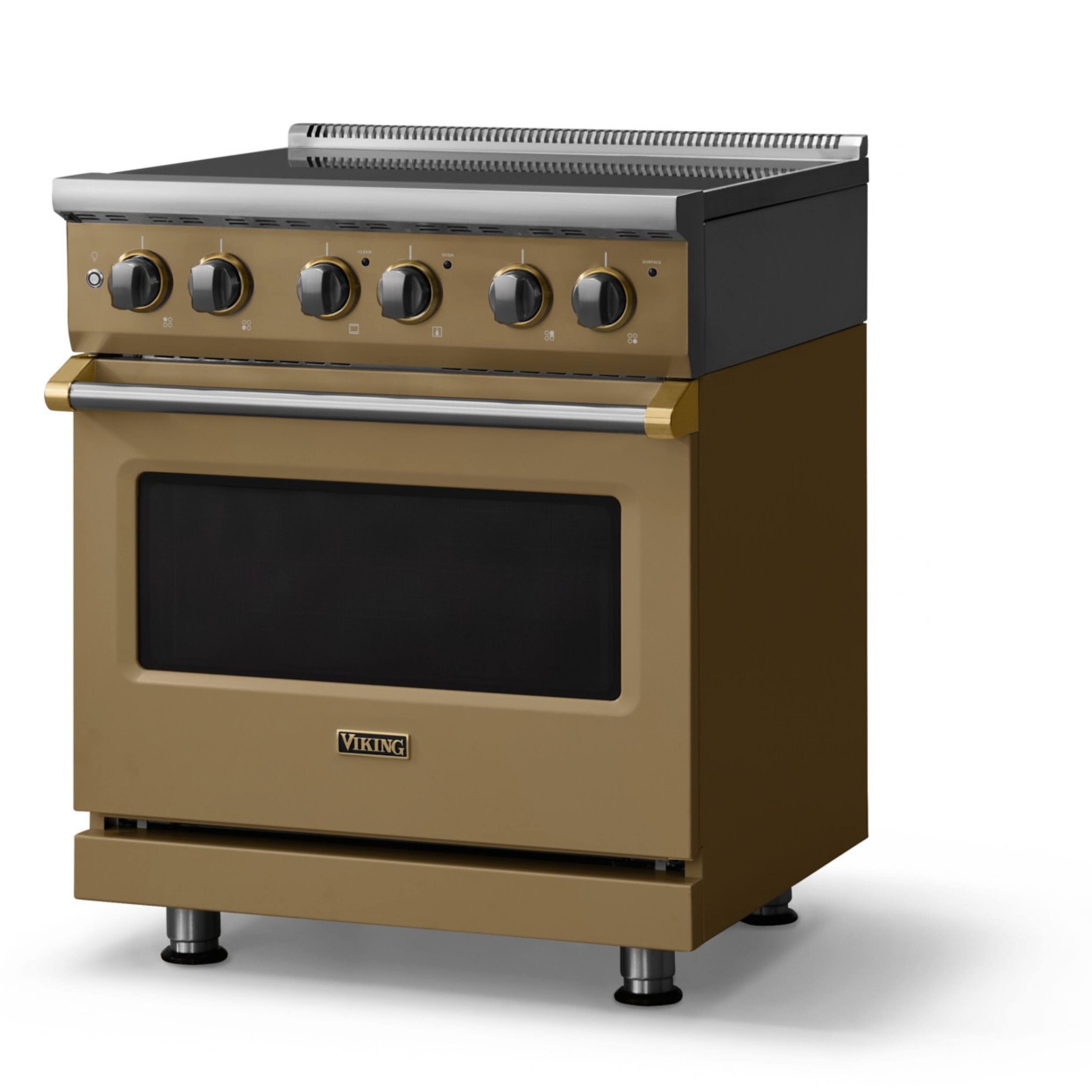 Angle. Viking - 30"W. Pro5S 4.7 Cu. Ft. Freestanding 4 Element  Electric Convection Range - Golden Hour/Brushed Brass - Golden Hour.