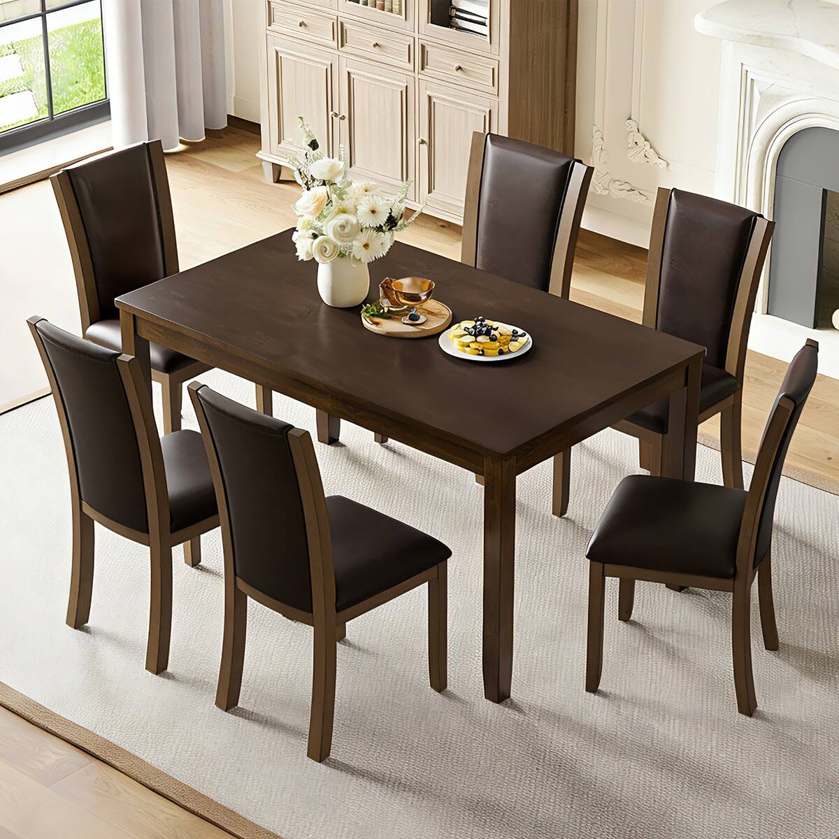 Angle. Loheer - Loheer 7 Piece Dining Table Set for 6, Walnut Rectangular Table with Upholstered Chairs - Walnut.
