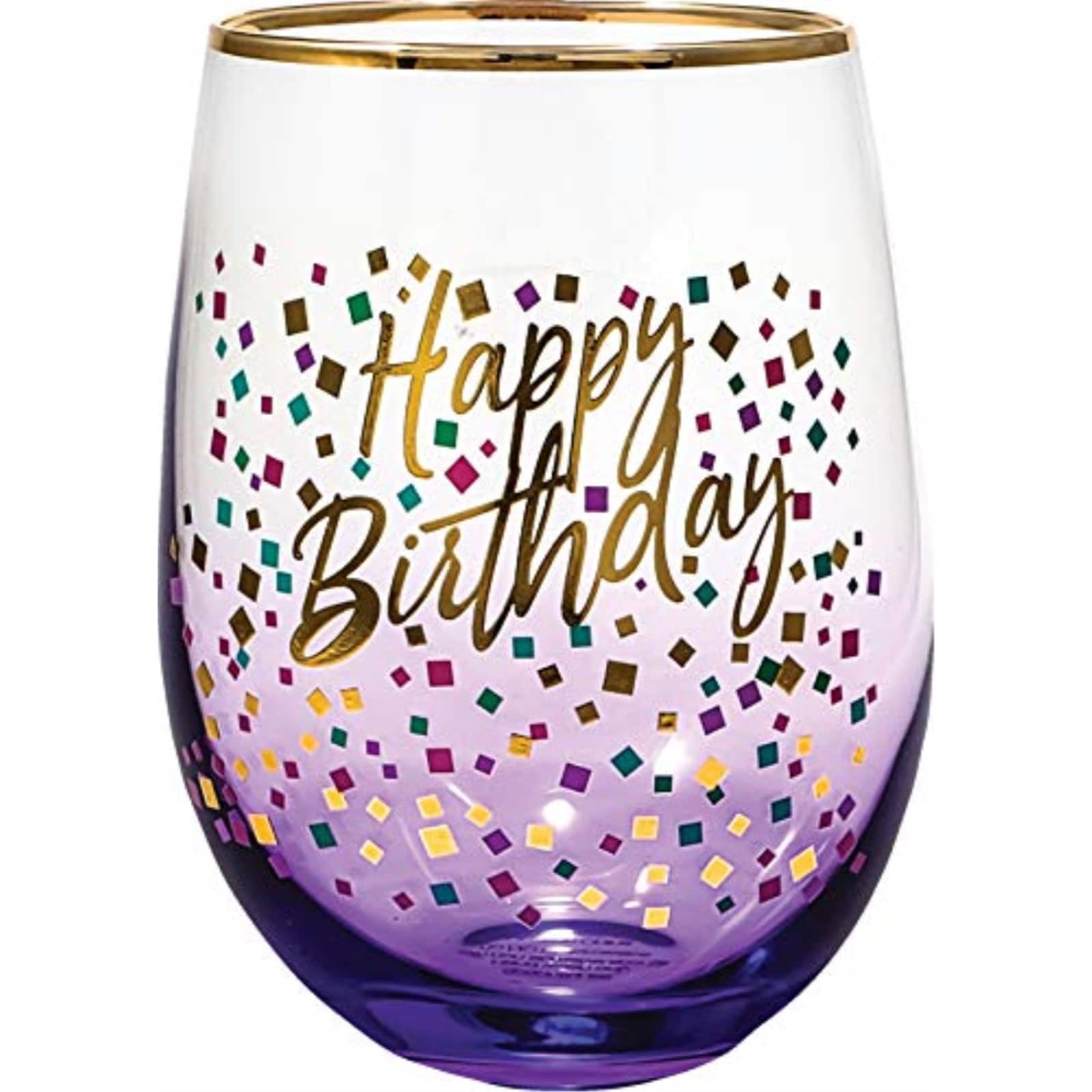 Spoontiques - Happy Birthday Stemless Wine Glass 20 ounce - Purple