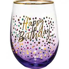 Spoontiques - Happy Birthday Stemless Wine Glass 20 ounce - Purple