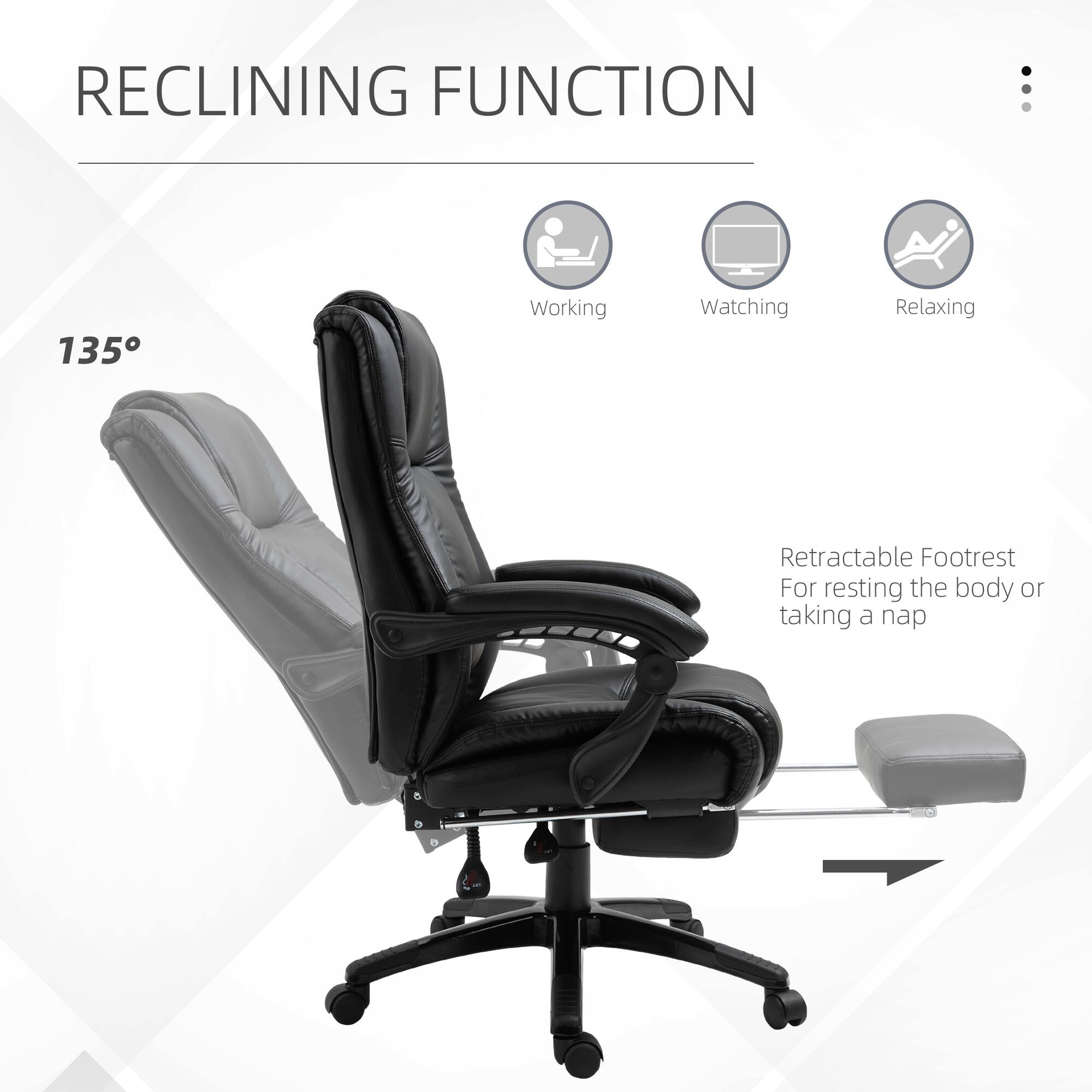 RECLINING FUNCTION, 135°, Working, Watching, Relaxing, Retractable Footrest For resting the body or taking a nap