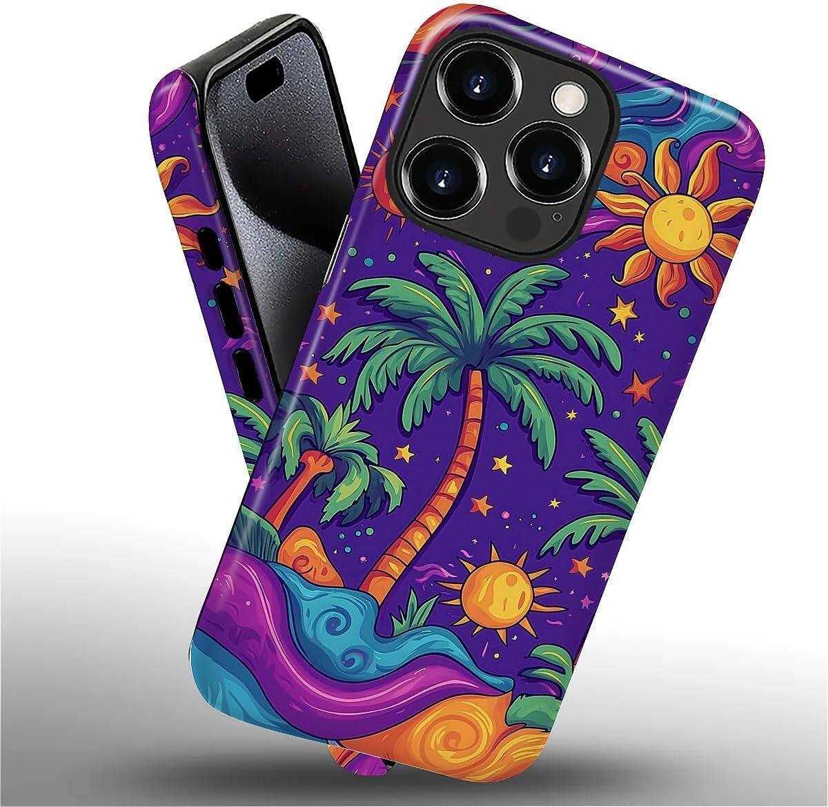 Alt View 2. BUBM - Smartphone Case for iPhone 16 Pro - 2-Layer Durable Smartphone Protection Case - Palm Trees Stars Sun.