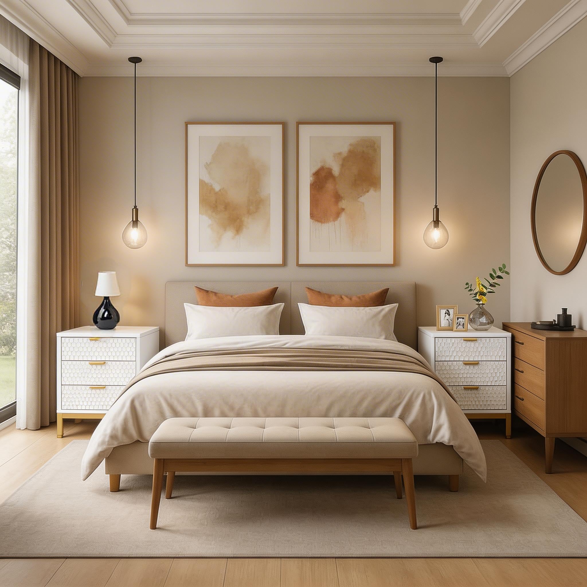 Alt View 4. Tribesigns - Night Stand with 3 Drawers, 19.7" Wood Nightstand with Gold Handles & Non-Slip Pads, Bedside Table, Modern Bed Side End - White.