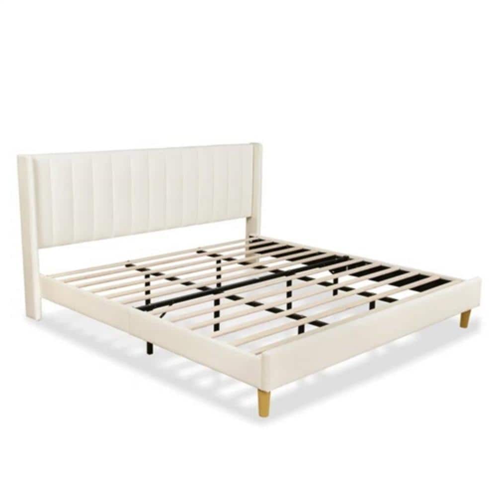 Hivvago - King Mid-Century Platform Bed Frame with Velvet Upholstered Headboard - Cream