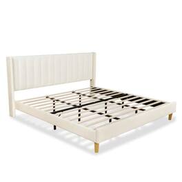 Hivvago - King Mid-Century Platform Bed Frame with Velvet Upholstered Headboard - Cream