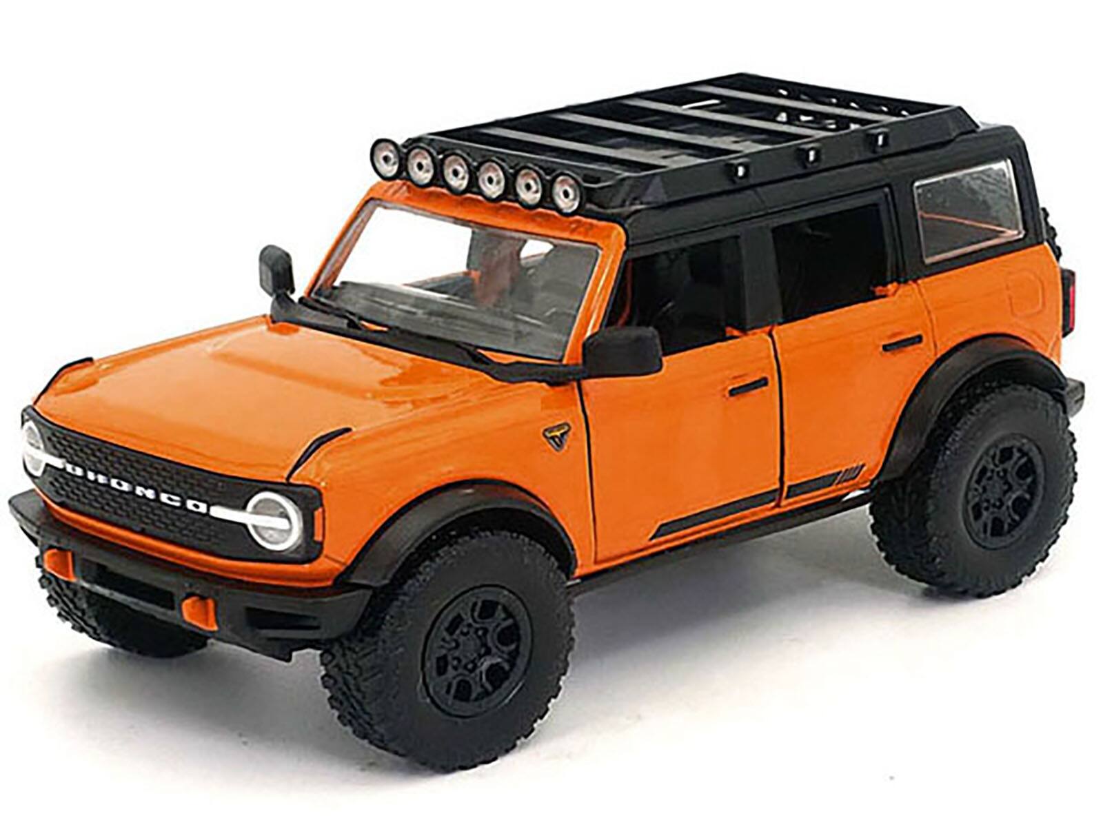 Alt View 1. Jada - 2021 Ford Bronco Orange with Black Stripes and Roof Rack "Just Trucks" Series 1/24 Diecast Model Car by Jada.