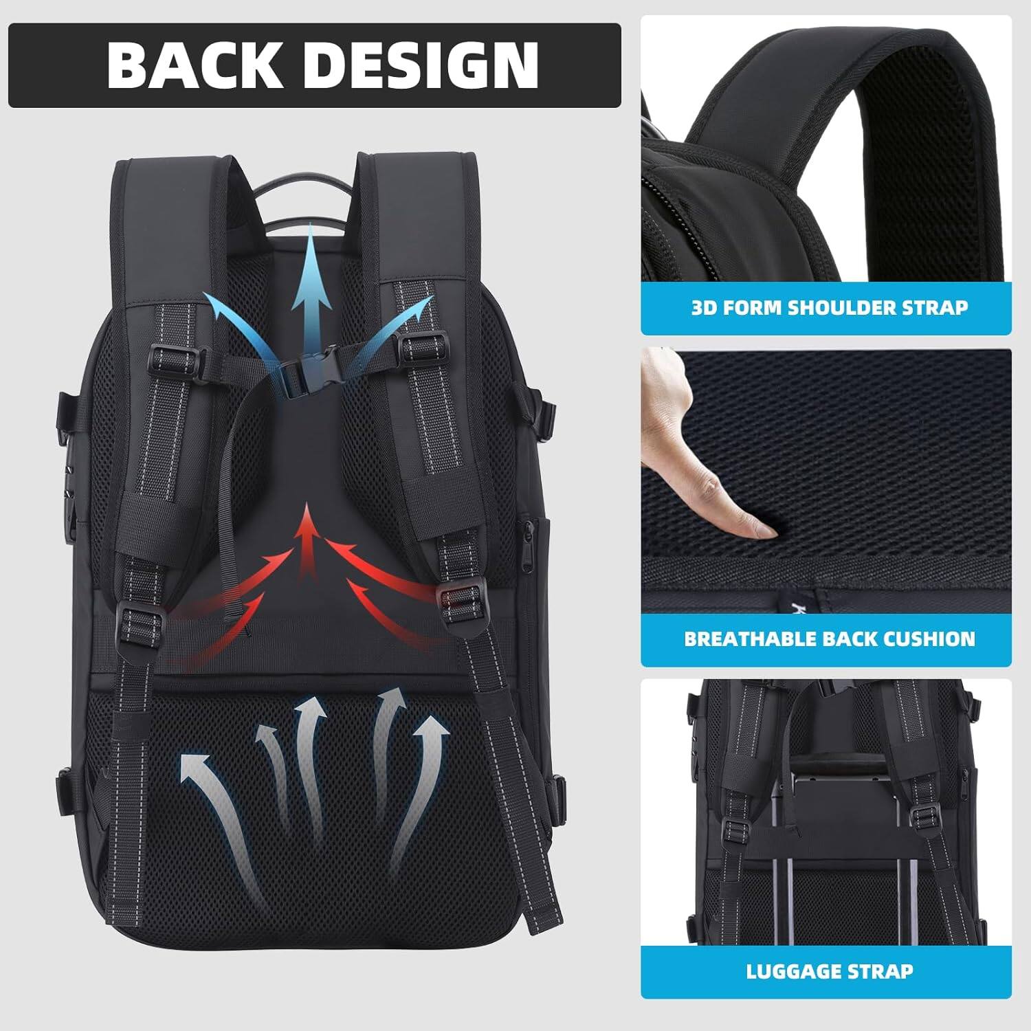 BACK DESIGN

- 3D FORM SHOULDER STRAP
- BREATHABLE BACK CUSHION
- LUGGAGE STRAP