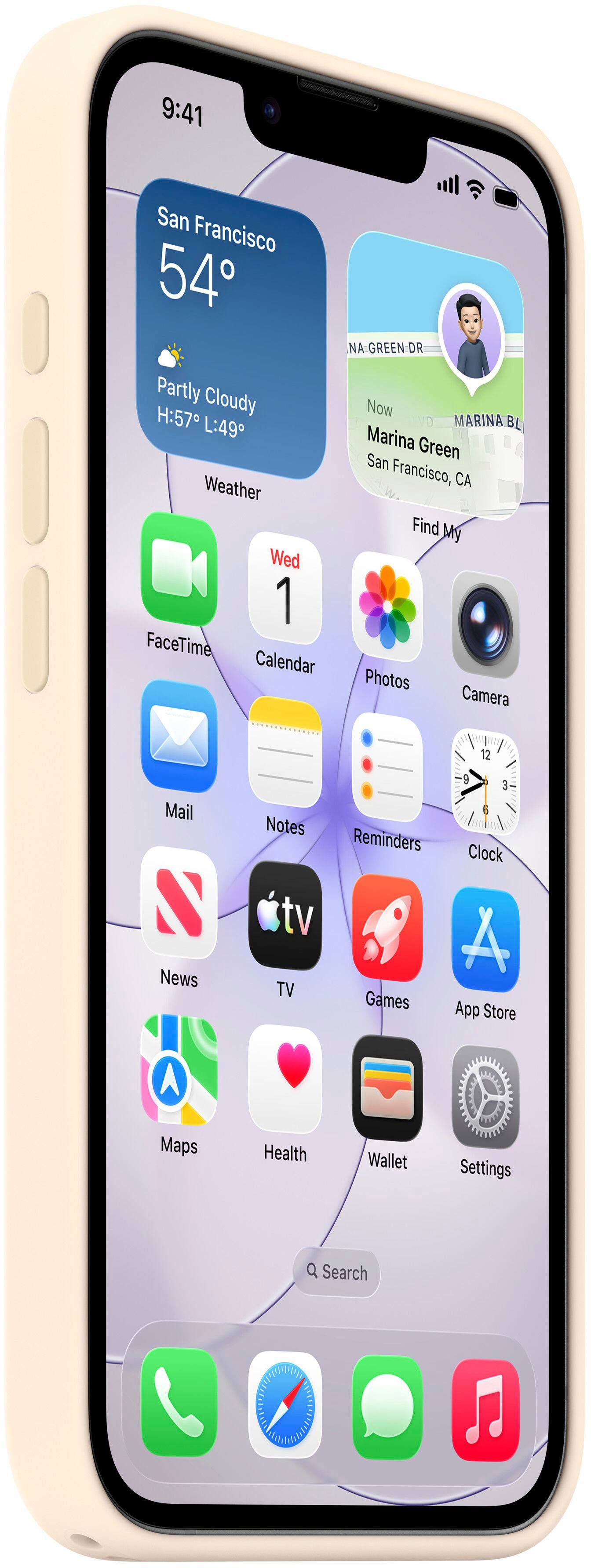 9:41  
San Francisco  
54°  
Partly Cloudy  
H:57 L:49  
Weather  

Wed 1  
FaceTime  
Calendar  
Photos  
Camera  
Mail  
Notes  
Reminders  
Clock  
News  
TV  
Games  
App Store  
Maps  
Health  
Wallet  
Settings  

Find My  
Marina Green  
San Francisco, CA  

NA GREEN DR  
Now  
MARINA BL