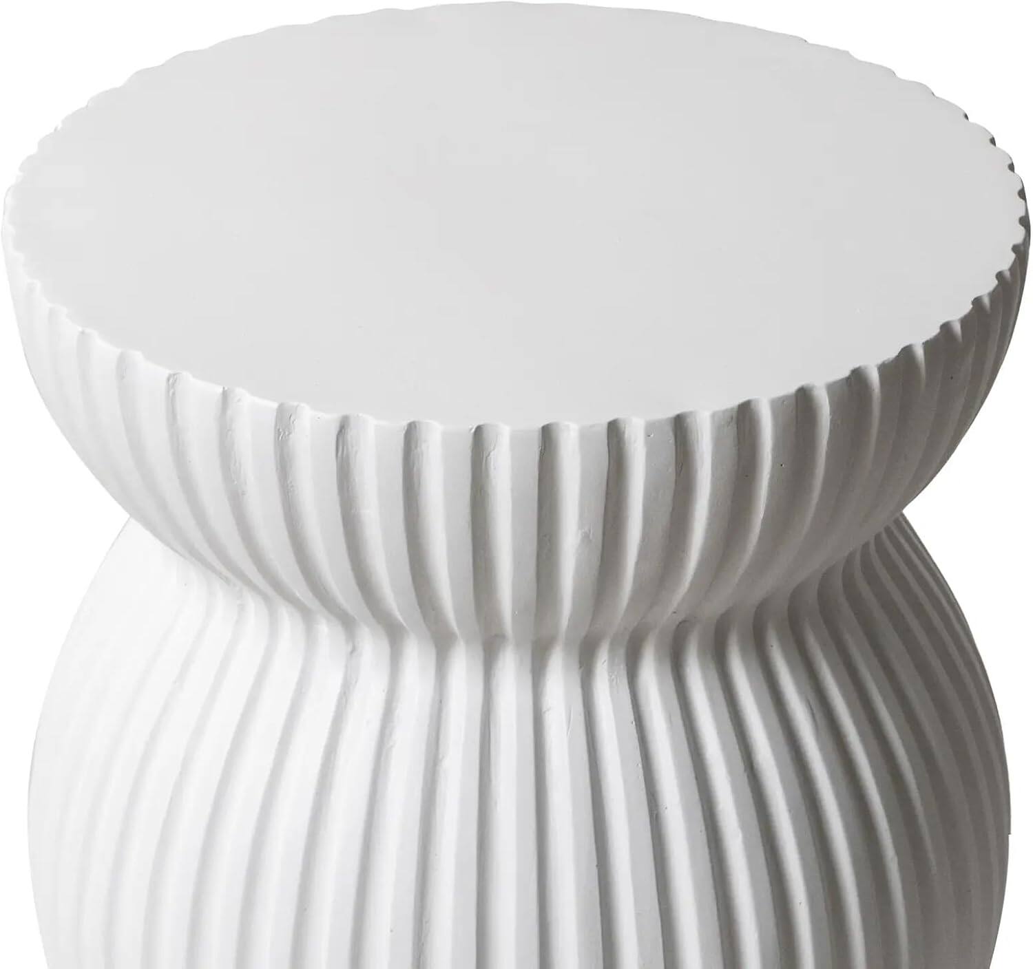 Alt View 2. LeisureMod - Mander Sculptural Hourglass Side Table - Ribbed Fiberstone Weather Resistant Outdoor Accent Table - White.