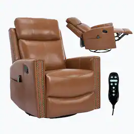 LUCKY ONE - Genuine Leather Manual Recliner Chair with 360° Swivel, Rocker, Heat Massage - Yellow Brown