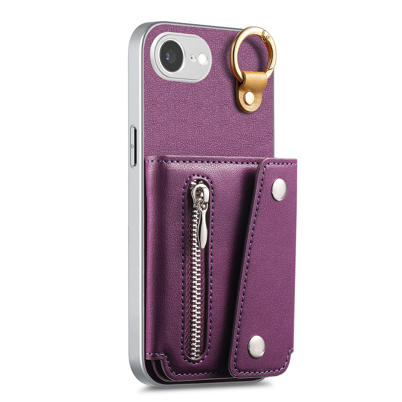 Back. Dteck - PU Leather Zipper Wallet Phone Case for Apple iPhone 17e with Ring Buckle, Shockproof Kickstand Protective Cover - Purple.