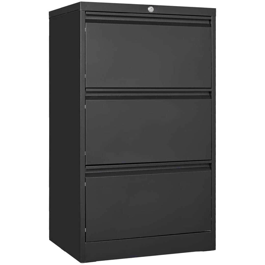 Front. GARVEE - 3 Drawers Lateral File Cabinet with Lock, Metal Filing Cabinet with Card Holder, Steel Drawer File Cabinets - Black.