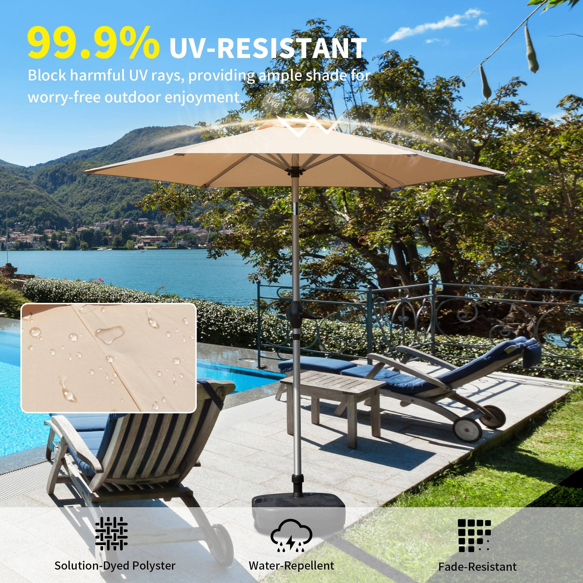 99.9% UV-RESISTANT  
Block harmful UV rays, providing ample shade for worry-free outdoor enjoyment.  

UVA LIVE  
Solution-Dyed Polyester  
Water-Repellent  
Fade-Resistant