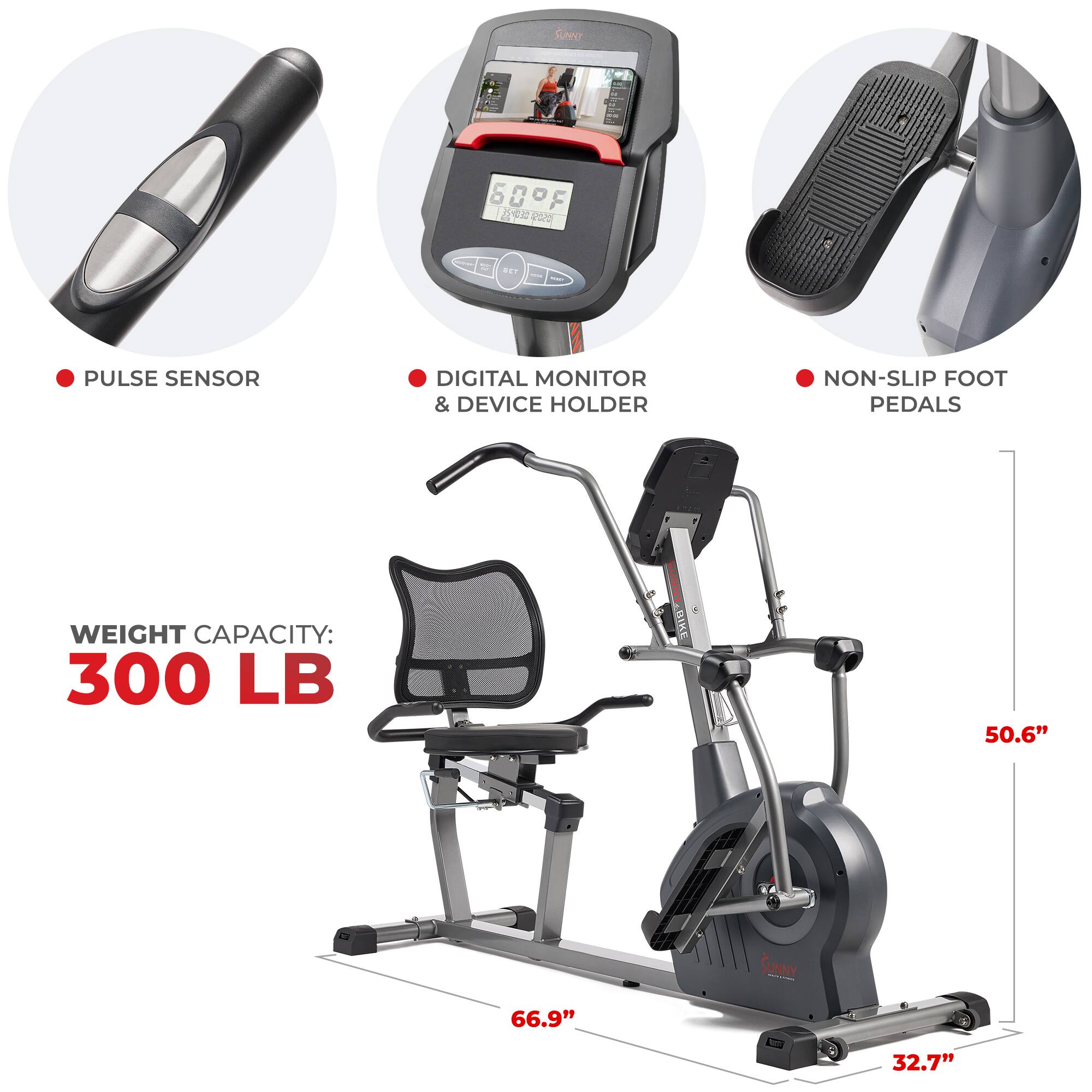 PULSE SENSOR DIGITAL MONITOR & DEVICE HOLDER NON-SLIP FOOT PEDALS WEIGHT CAPACITY: 300 LB BIKE 50.6" SUNNY 66.9" 32.7"