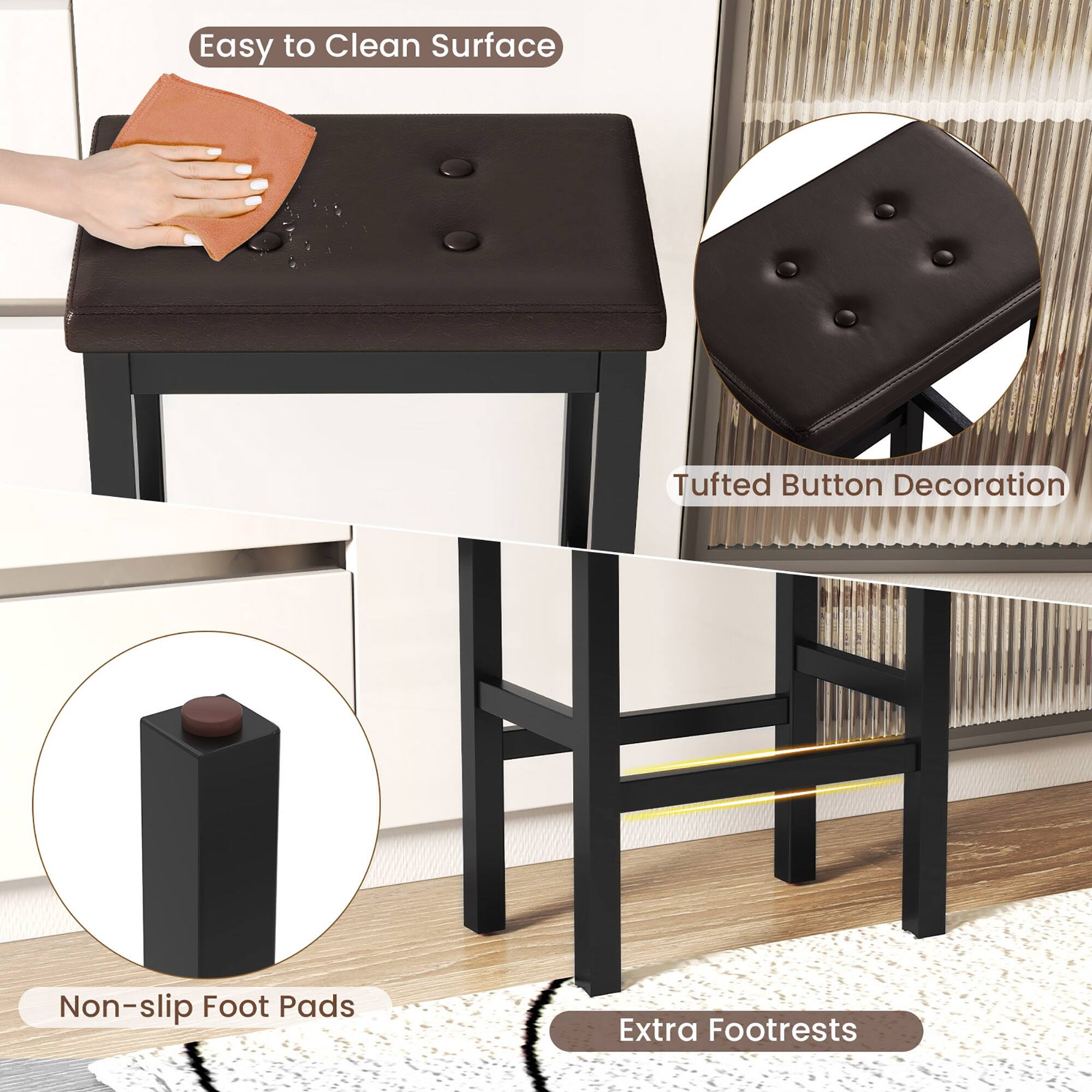 Easy to Clean Surface, Tufted Button Decoration, Non-slip Foot Pads, Extra Footrests