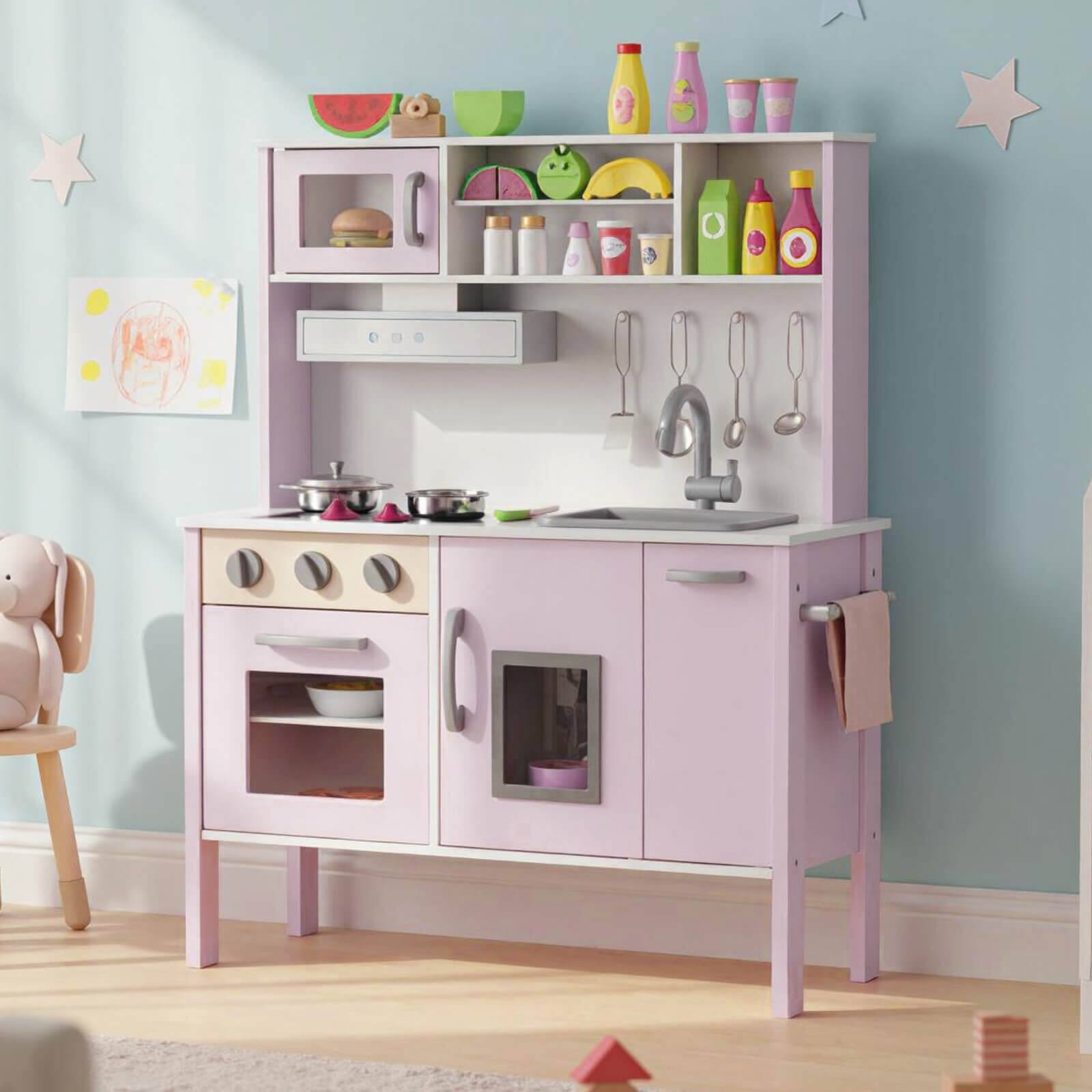 Alt View 8. Costway - Costway Kids Kitchen Playset Wooden Pretend Play Chef Toy with Microwave & Accessories - Pink,White.